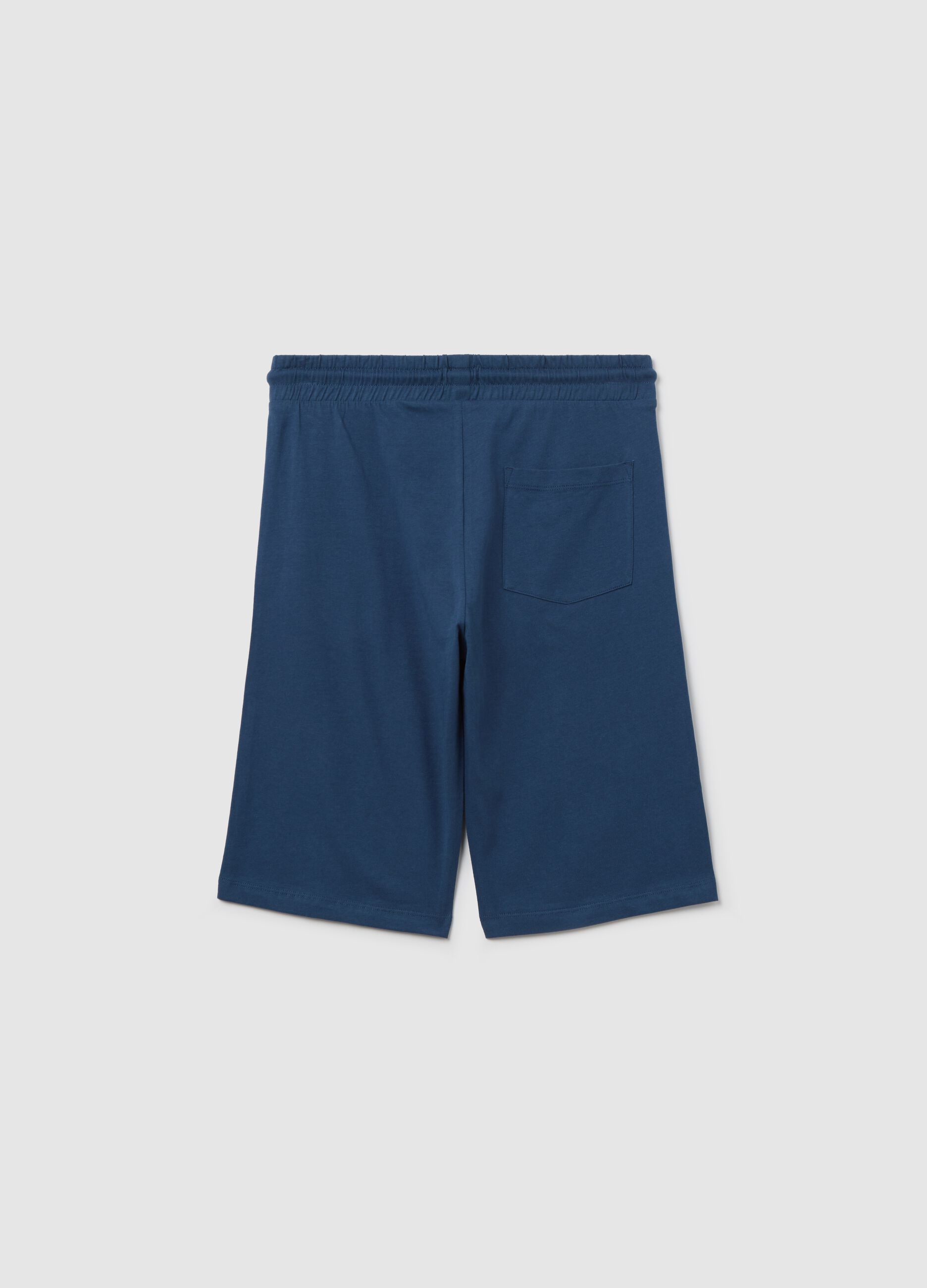 Blue cotton Bermuda shorts with drawstring and print