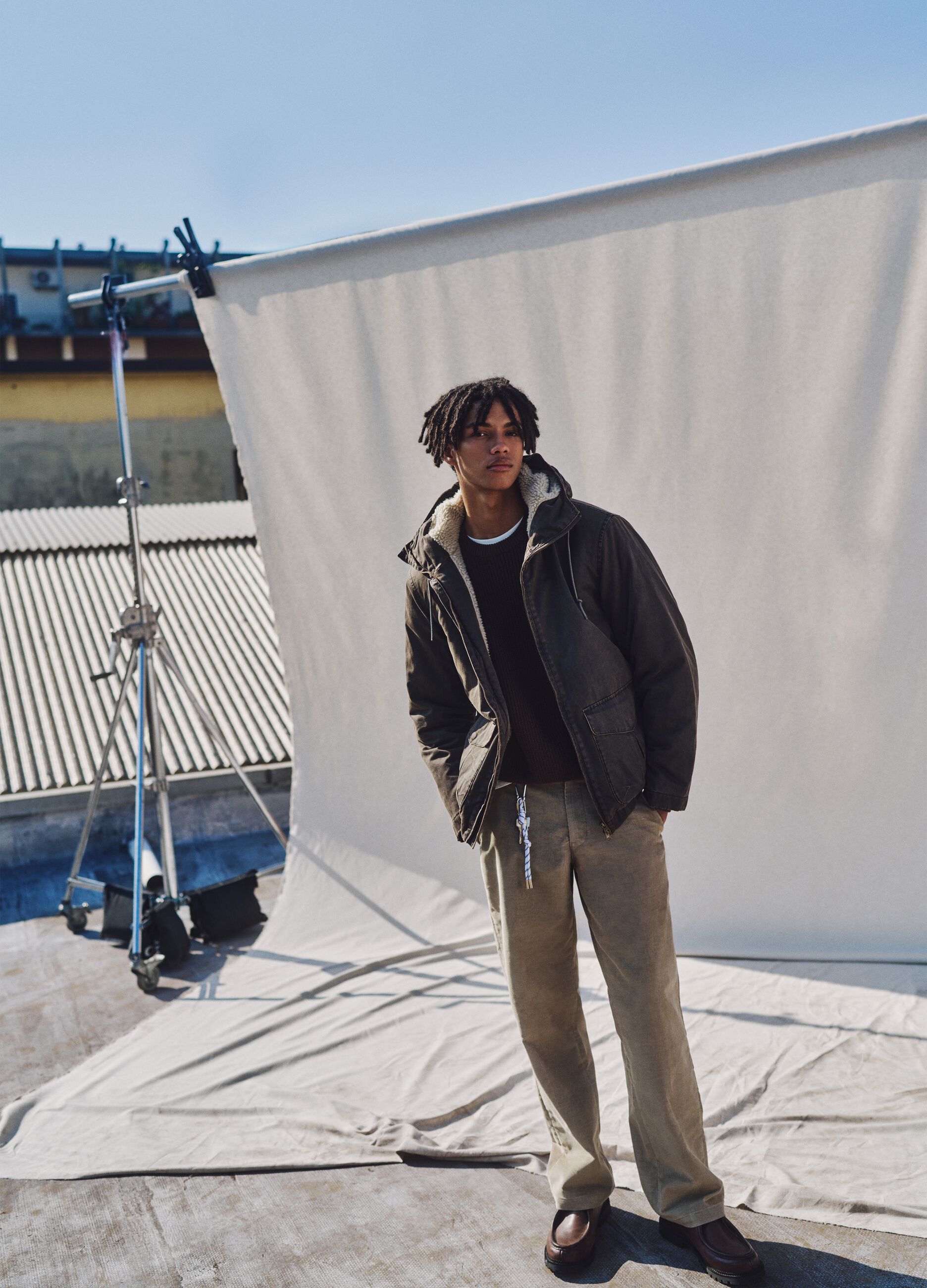 Beige cotton blend regular fit trousers