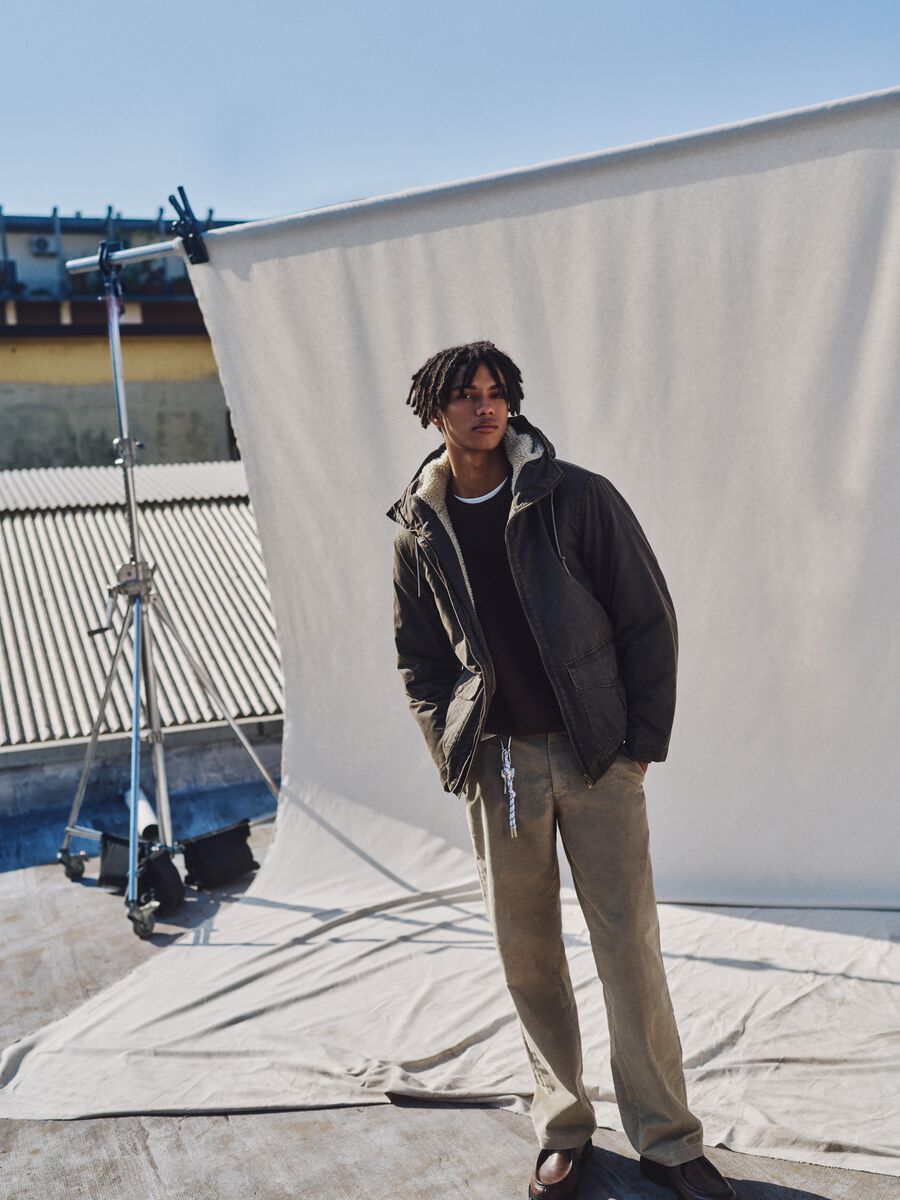 Beige cotton blend regular fit trousers_0