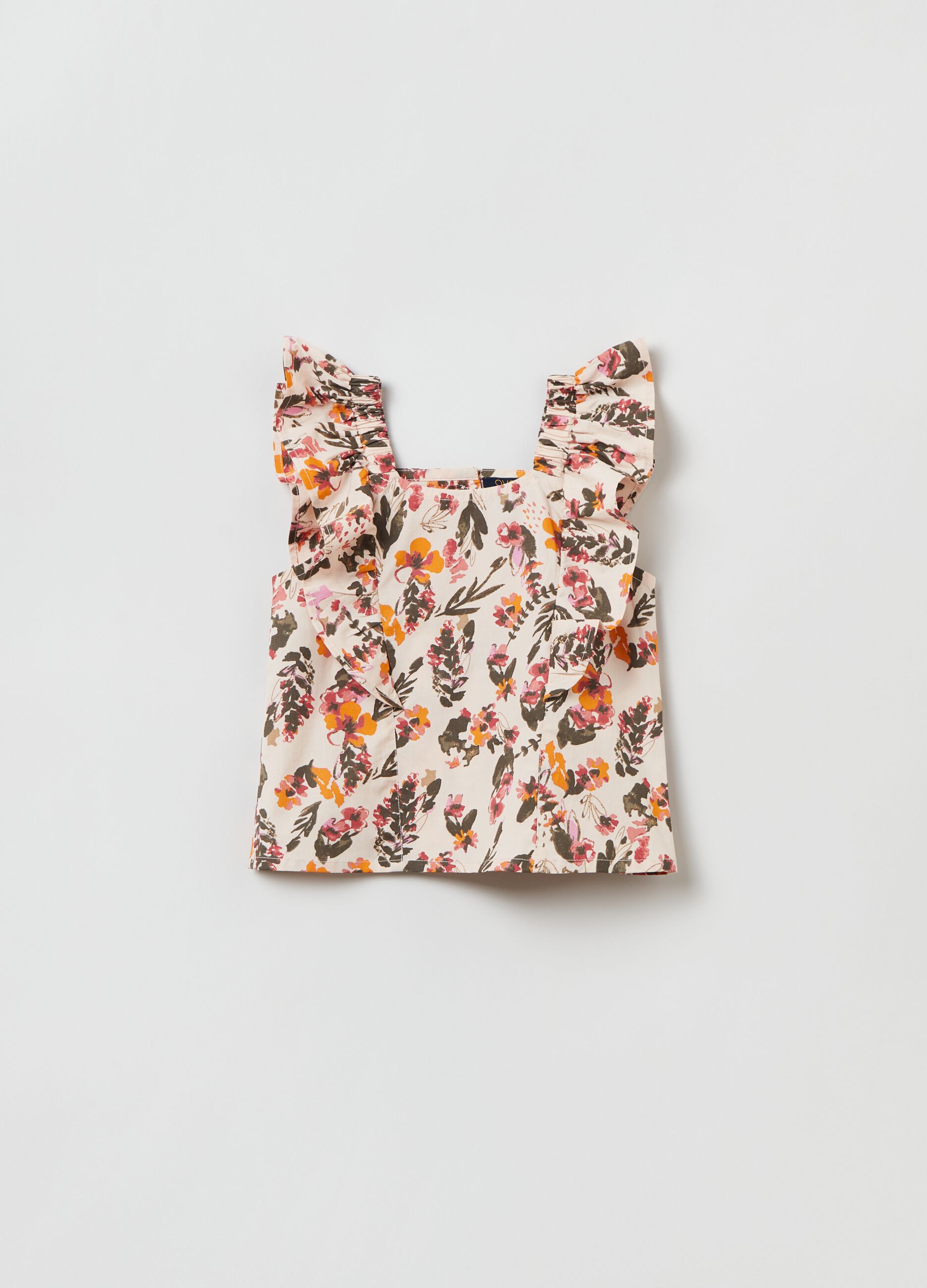 Tank top floreale in cotone con volant_0
