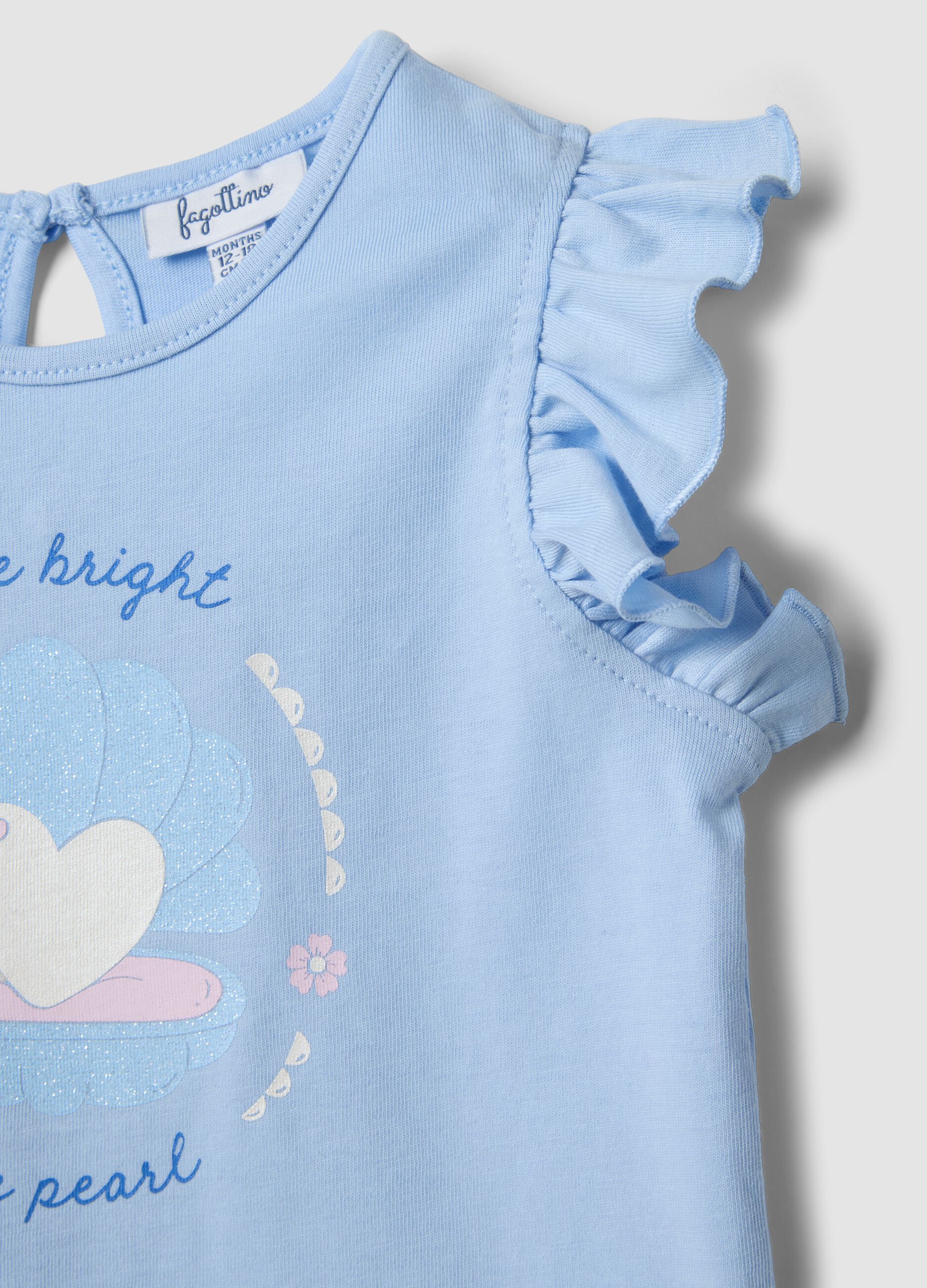 Sky-blue organic cotton tank top for baby girls with print and frills