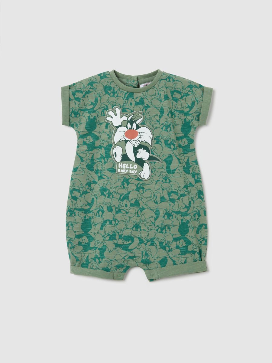 Green cotton romper suit with Sylvester the Cat print_0