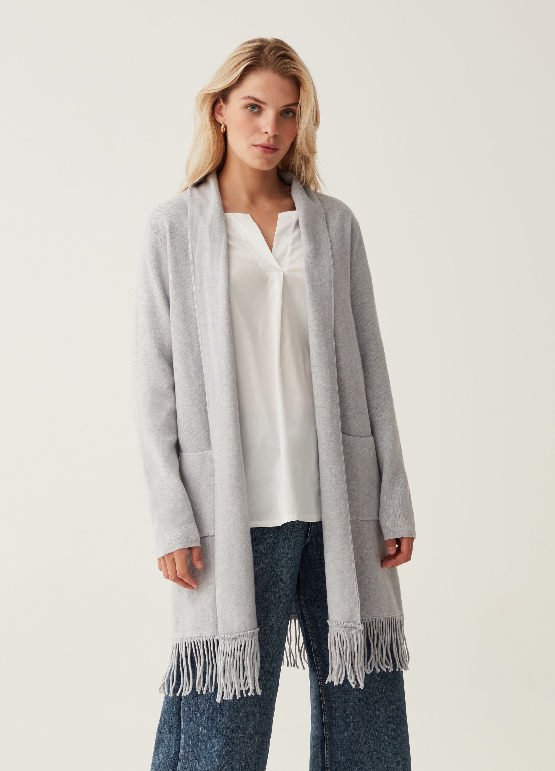 Giacca cardigan lunga con frange Grigio chiaro melange HYBRID da