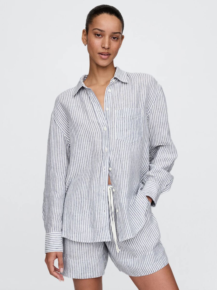 Wide blue and white striped shirt in 100% linen_0