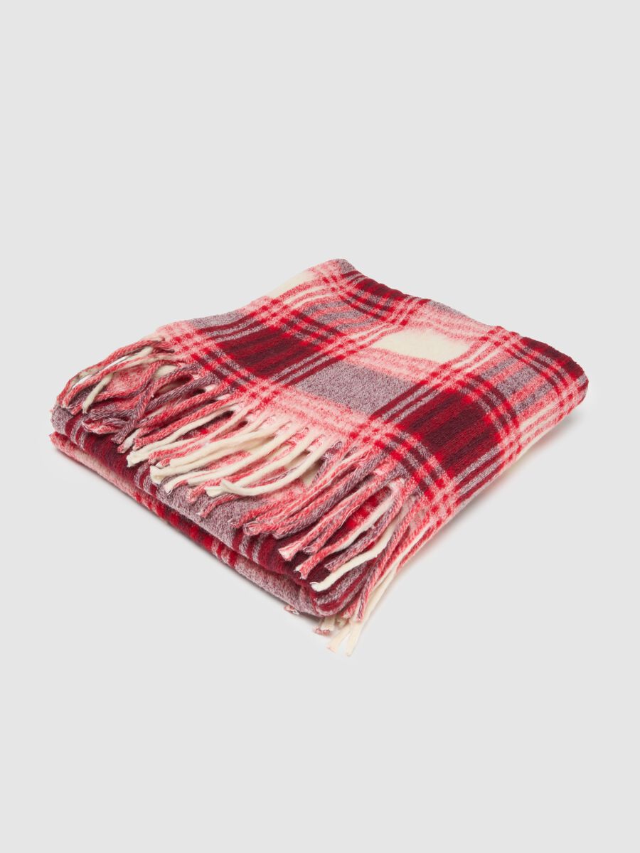 Coperta in misto lana a quadri multicolor con frange_0