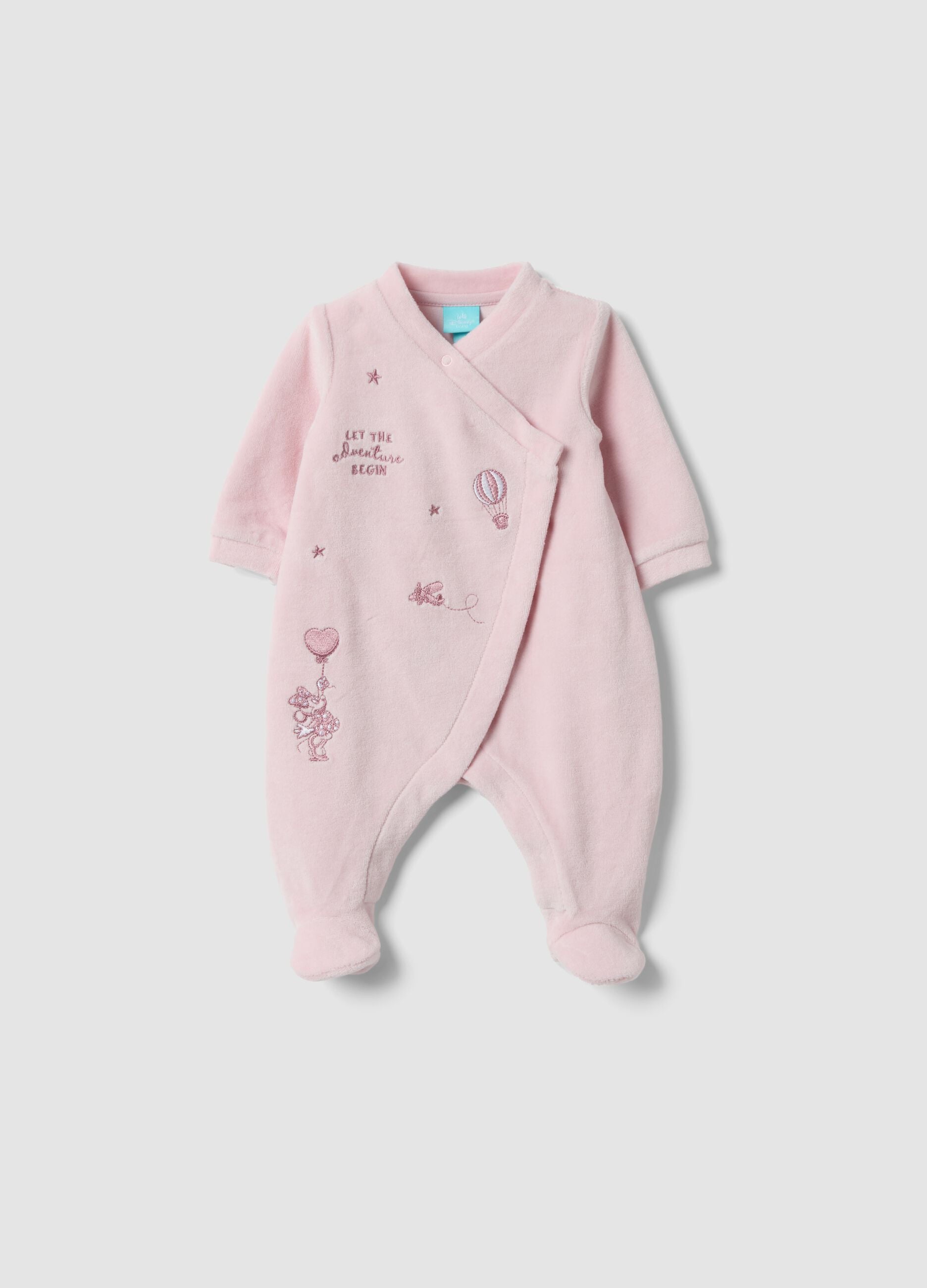 Pink Minnie-themed organic cotton-blend babygrow with feet for baby girl