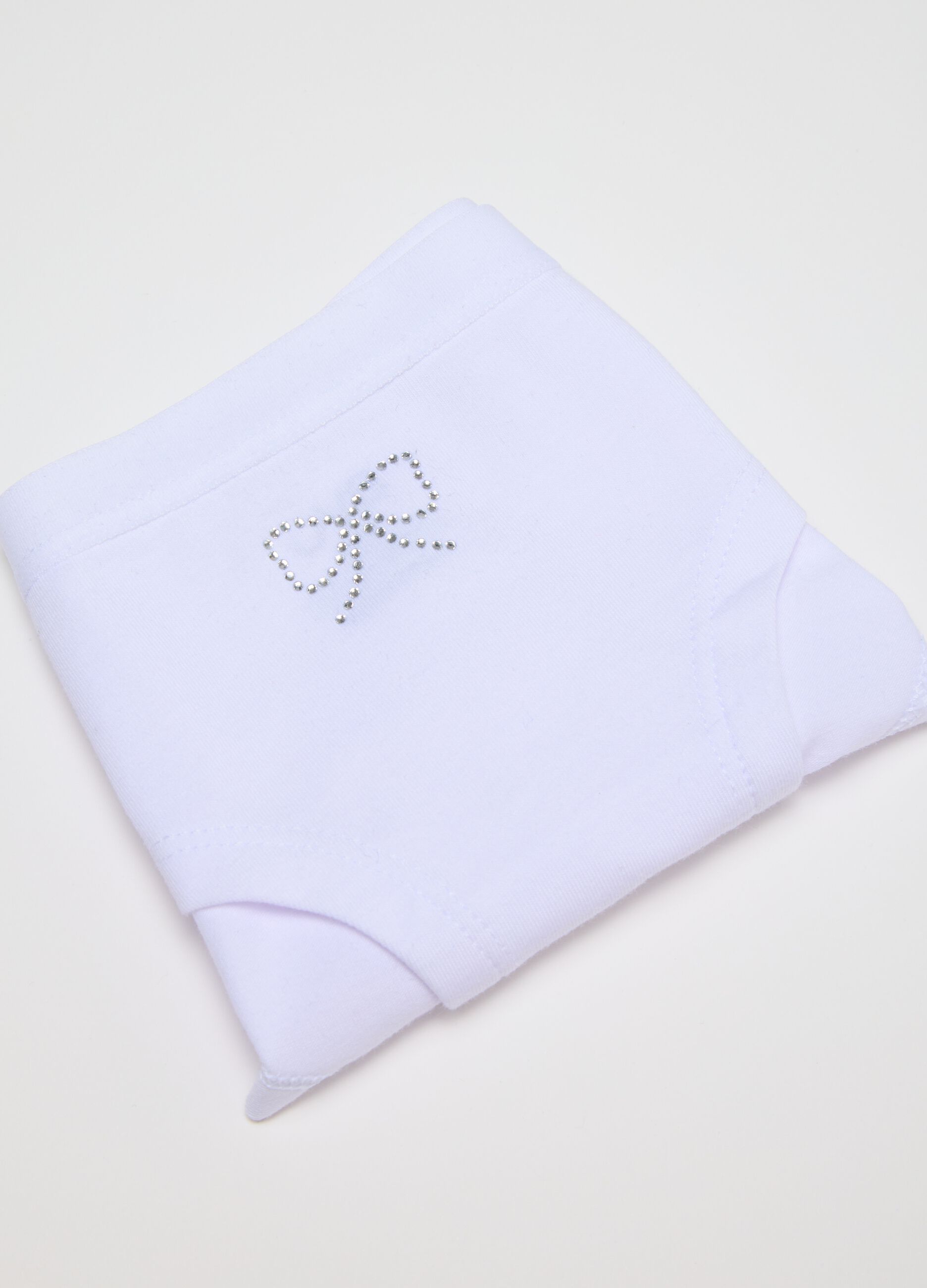 Girls' white cotton regular fit knickers with rhinestone bow