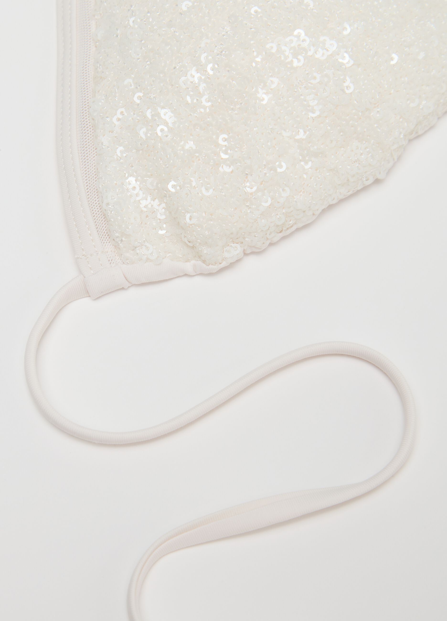 Women’s bikini top in white stretch fabric with sequins