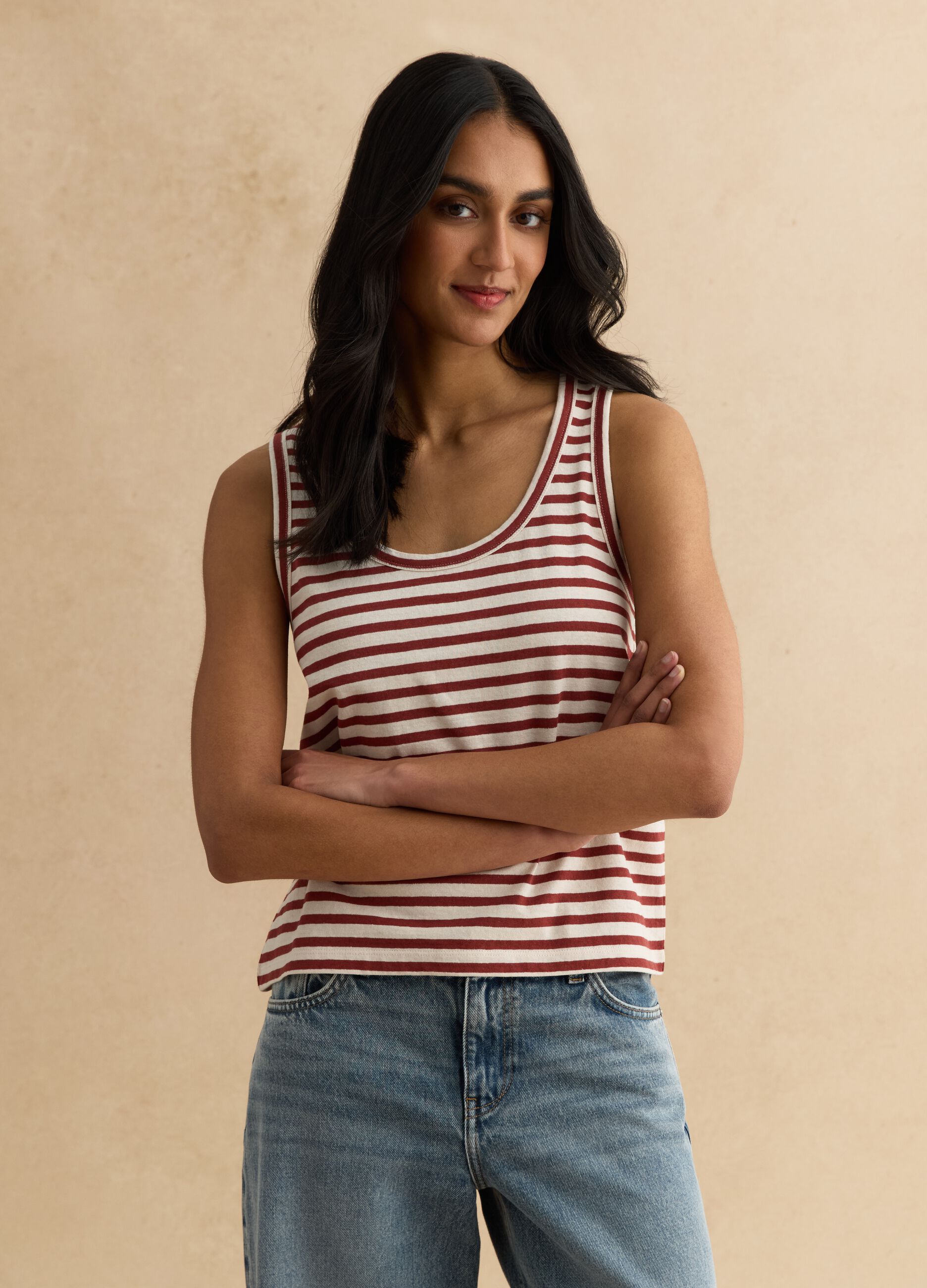 Multicolour striped regular fit cotton and linen tank top