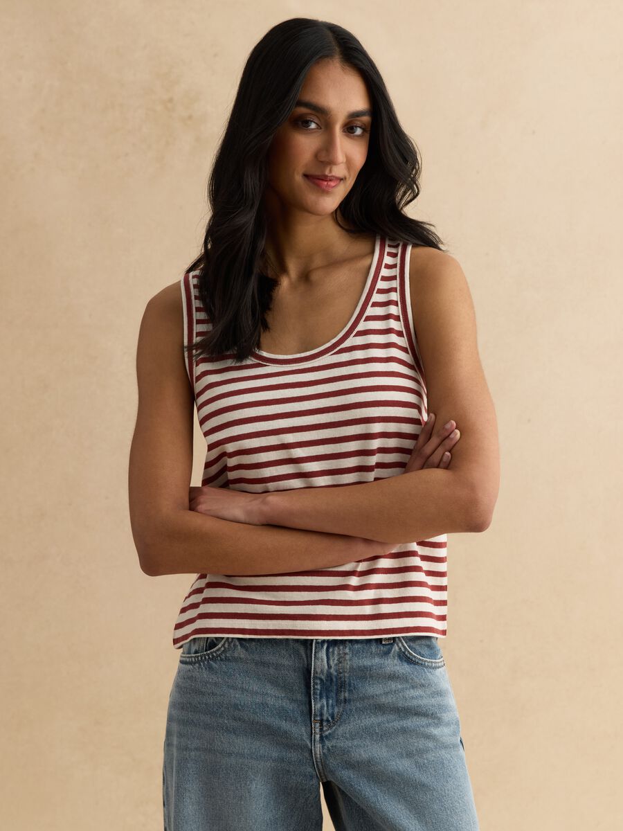 Multicolour striped regular fit cotton and linen tank top_0