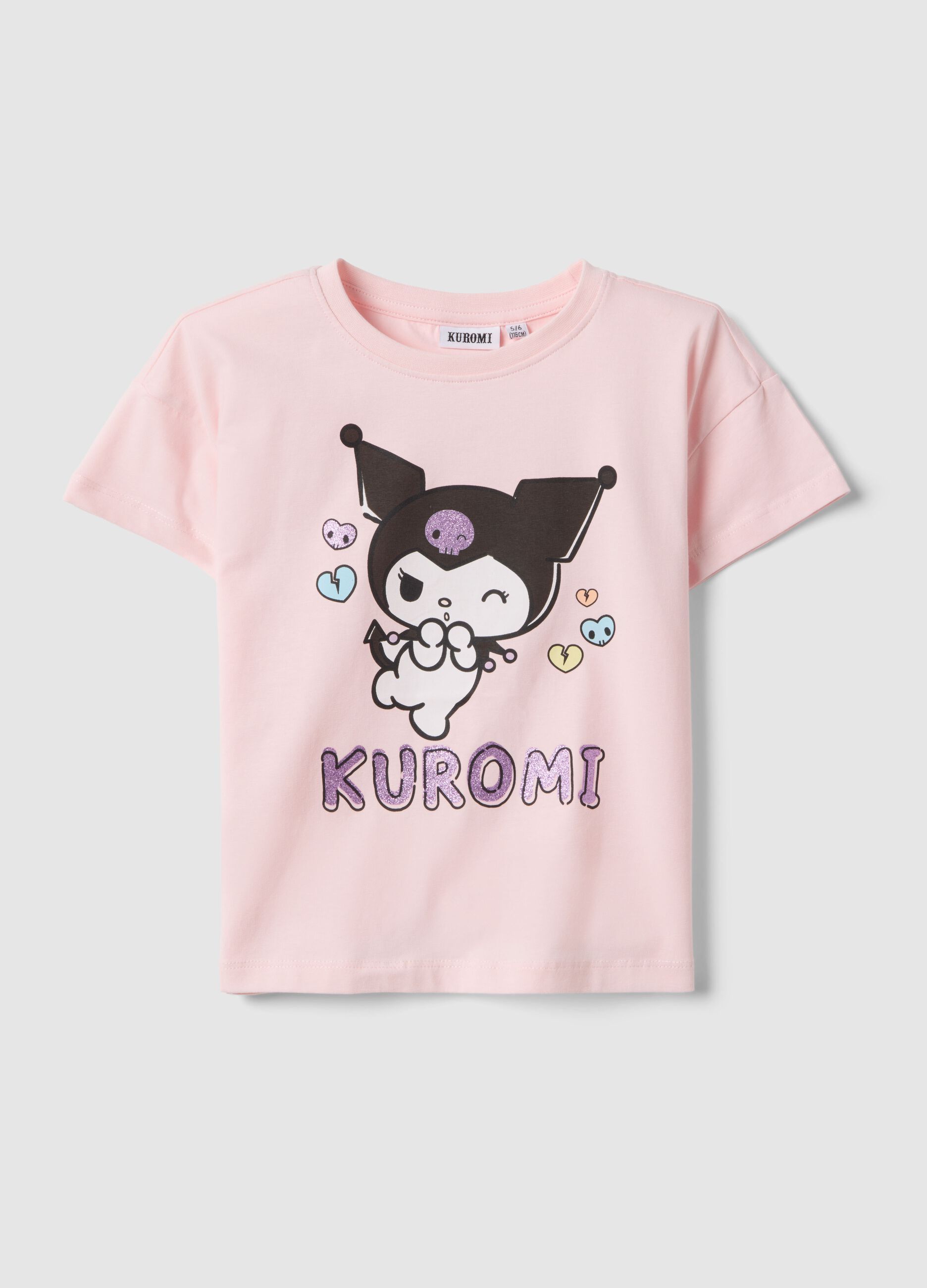 T-shirt in cotone elasticizzato rosa da bambina regular fit con Kuromi