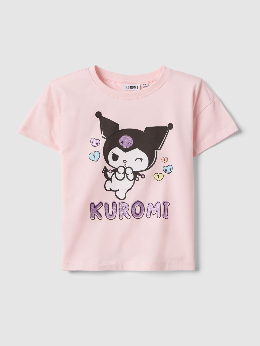 Pink stretch cotton girl's regular fit T-shirt with Kuromi_0