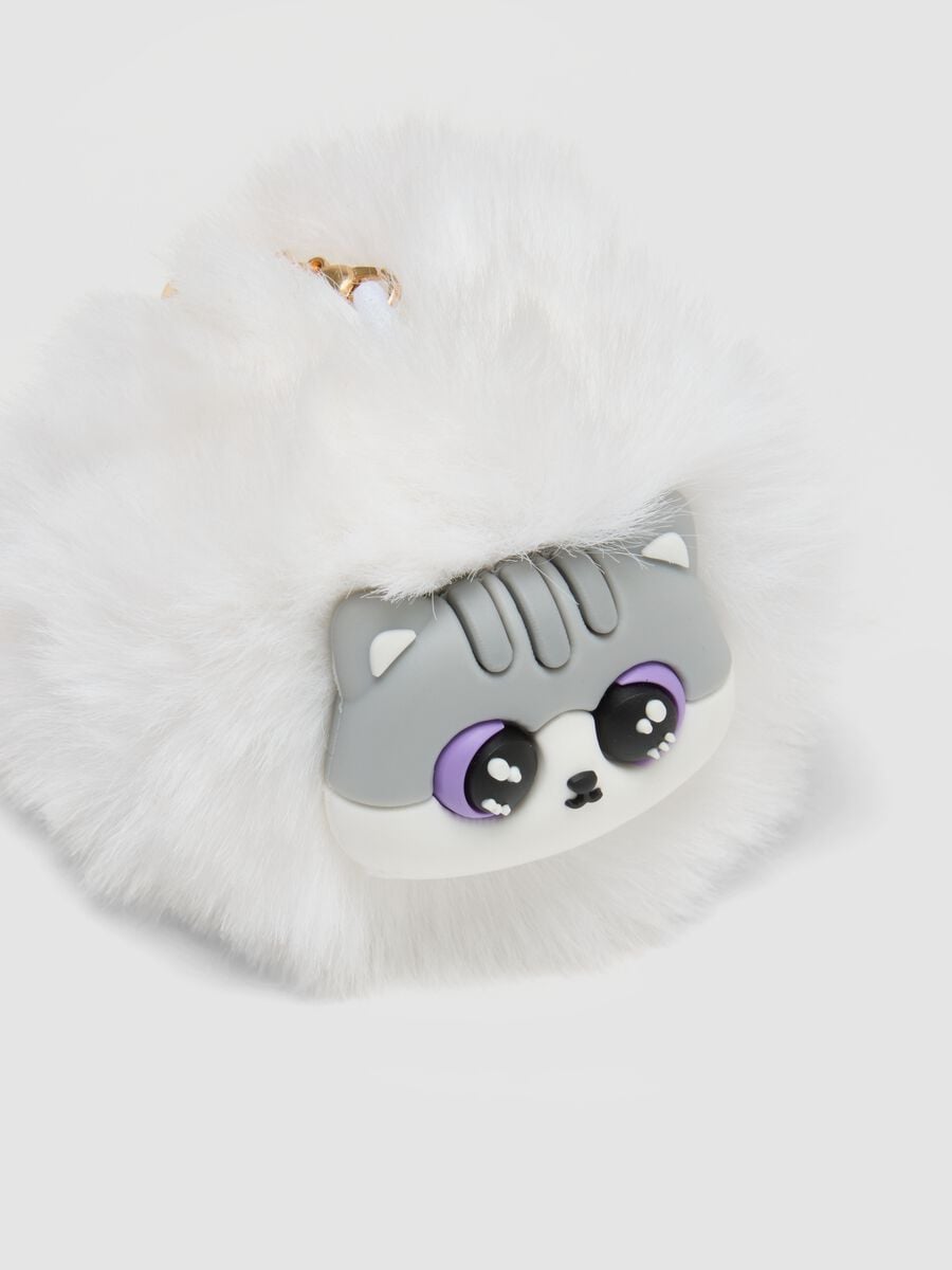 White keyring with pom-pom and kitten charm for girls_1