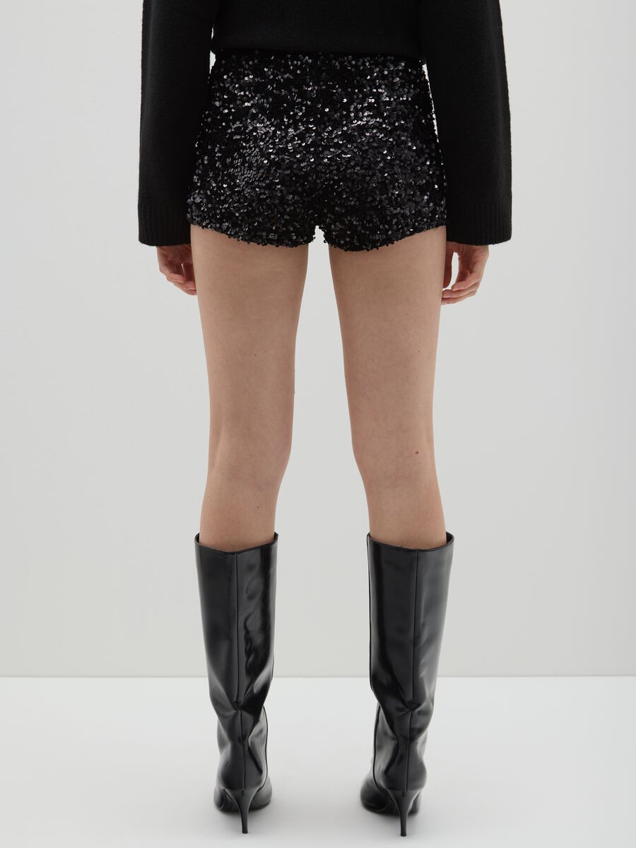 Regular fit black velour shorts with sequins_2