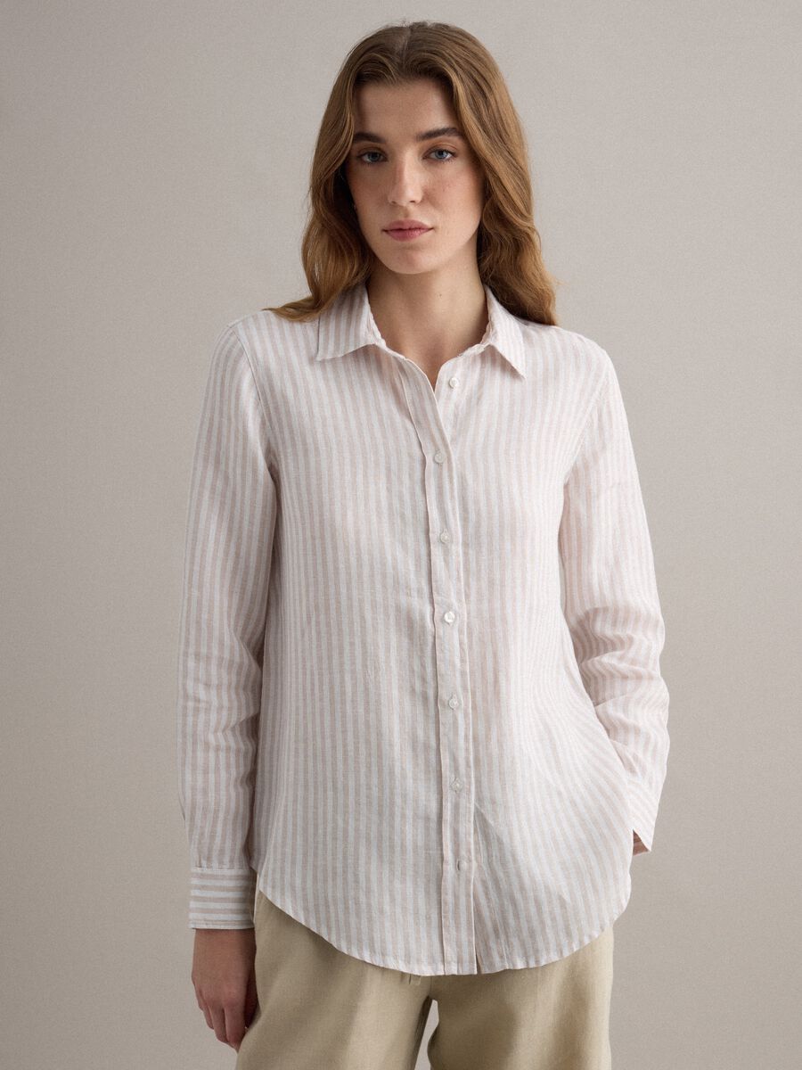 Camicia in puro lino a  righe bianche e beige regular fit_1