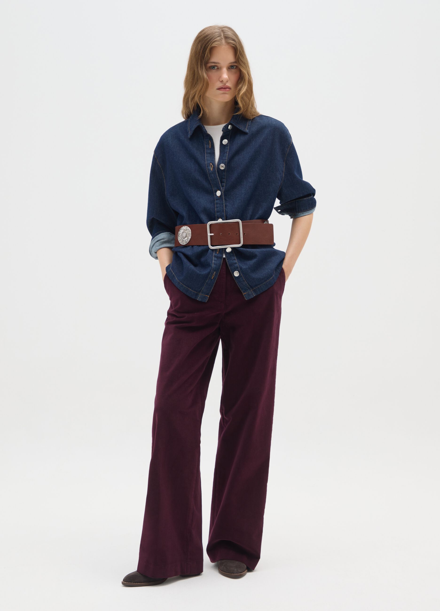Regular fit red cotton and velvet trousers
