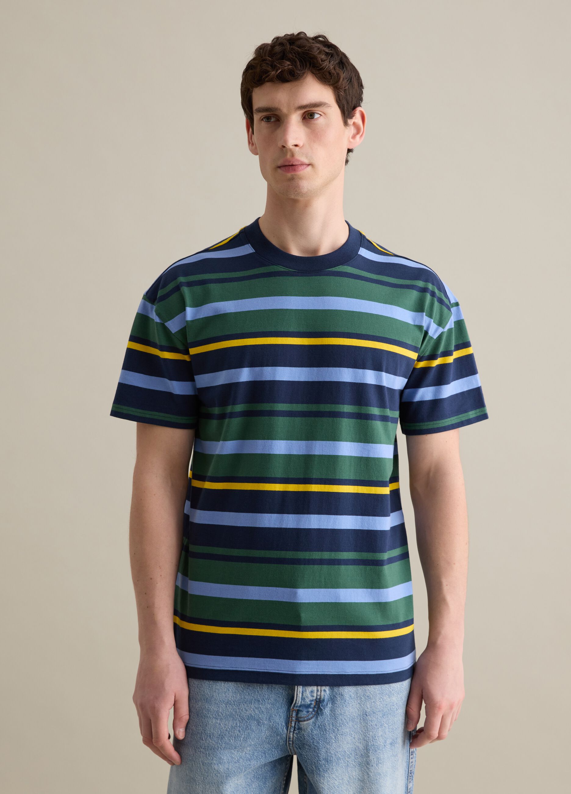 Blue and green T-shirt in striped cotton