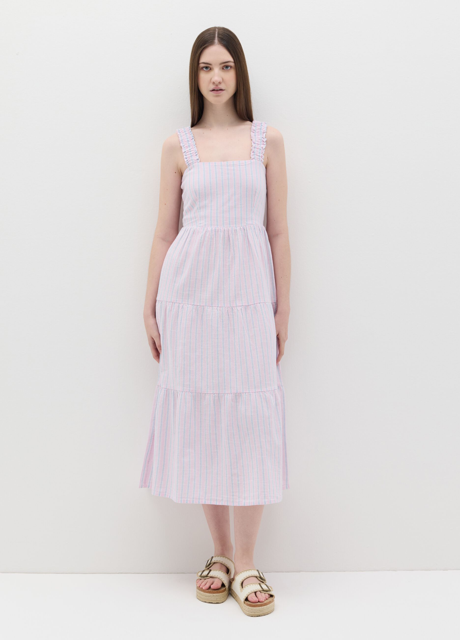 Long pink striped dress in cotton