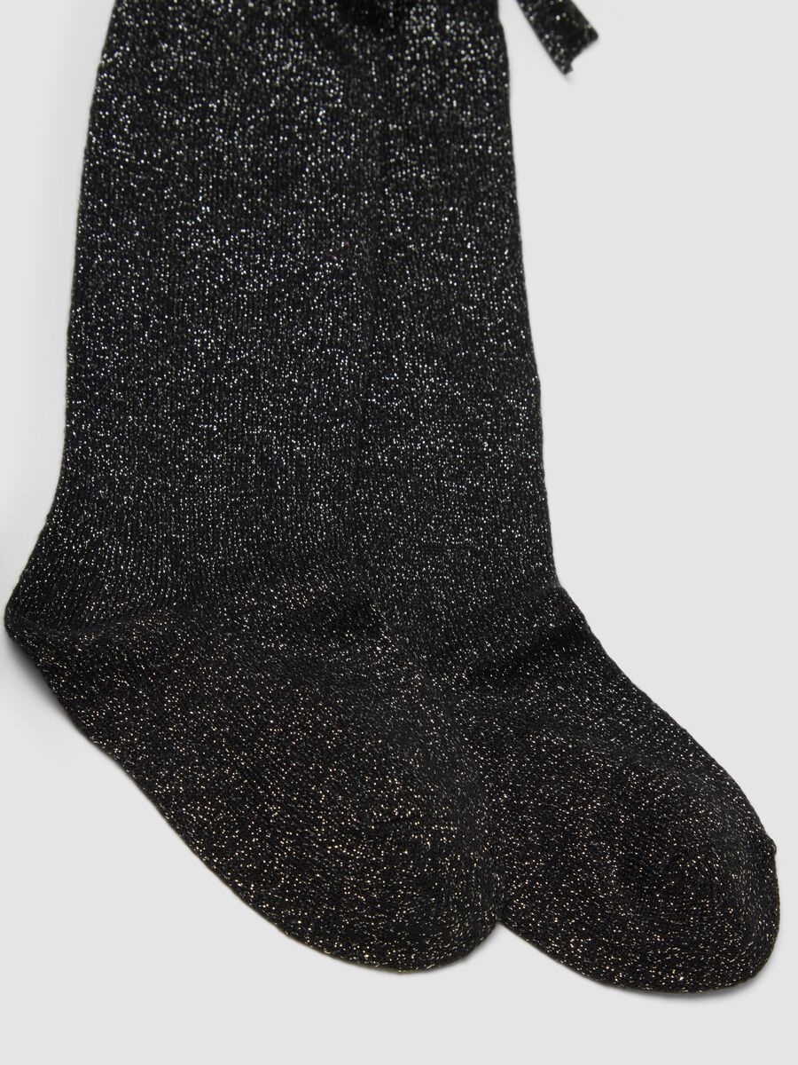 Black stretch organic cotton tights with bow and glitter details_1