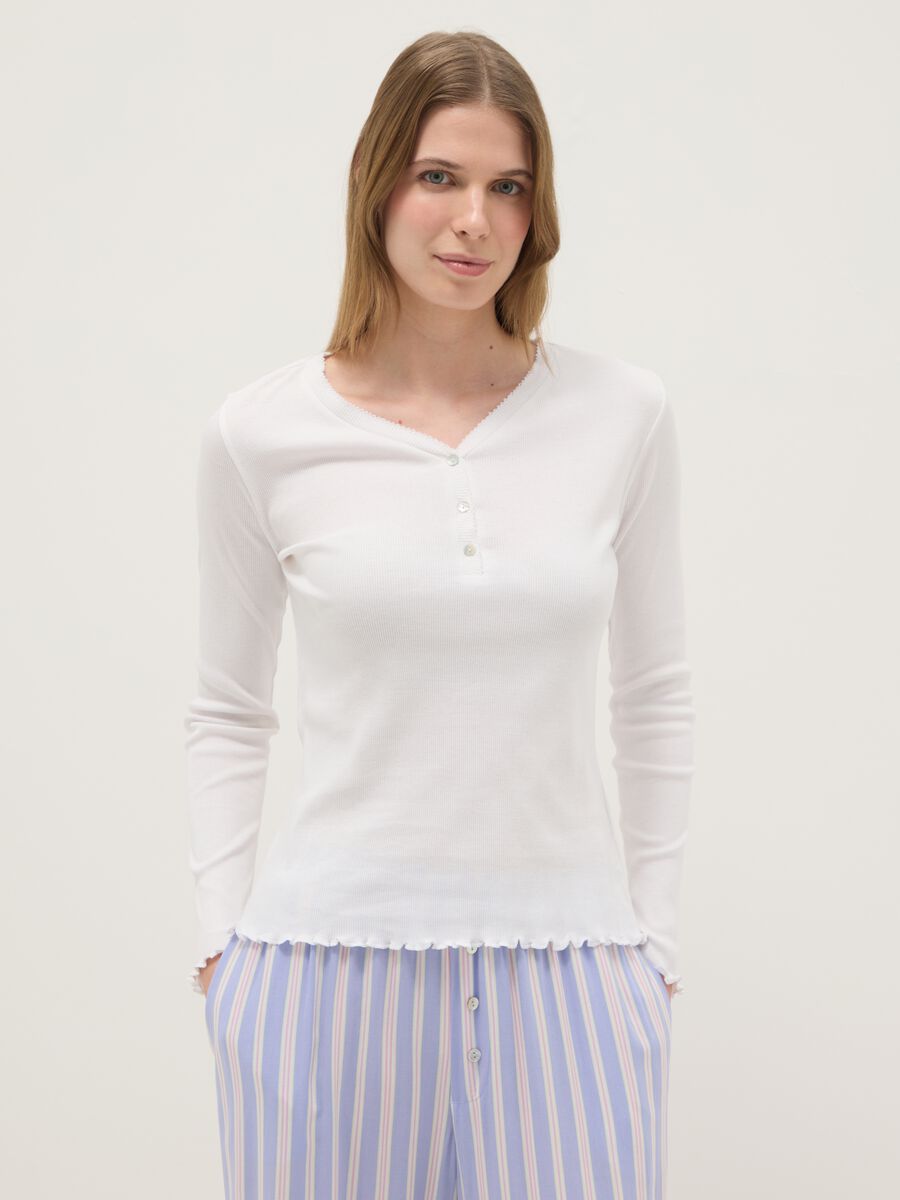 White pure cotton pyjama top, regular fit with henley collar_1