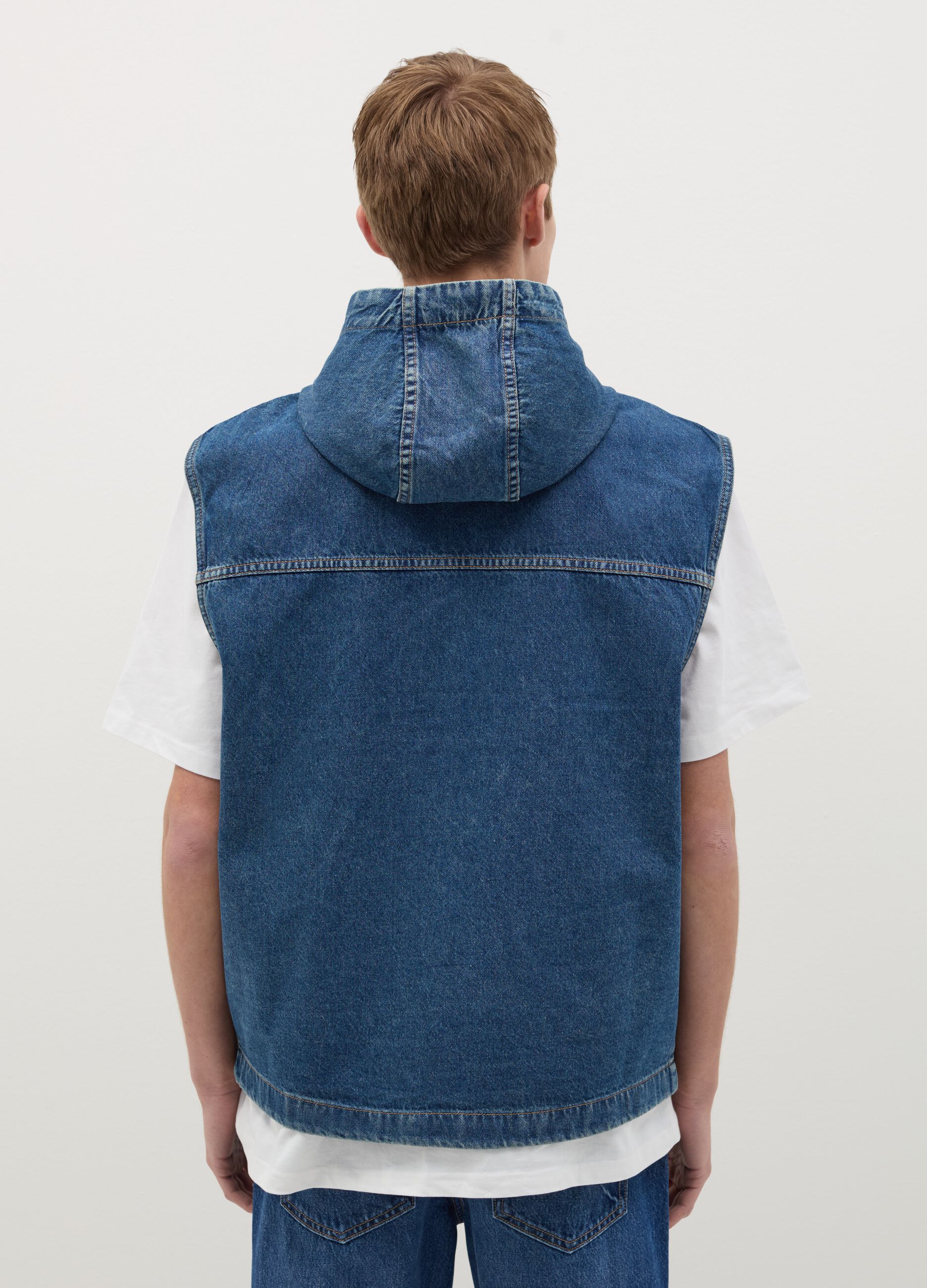 Full-zip gilet in denim with hood