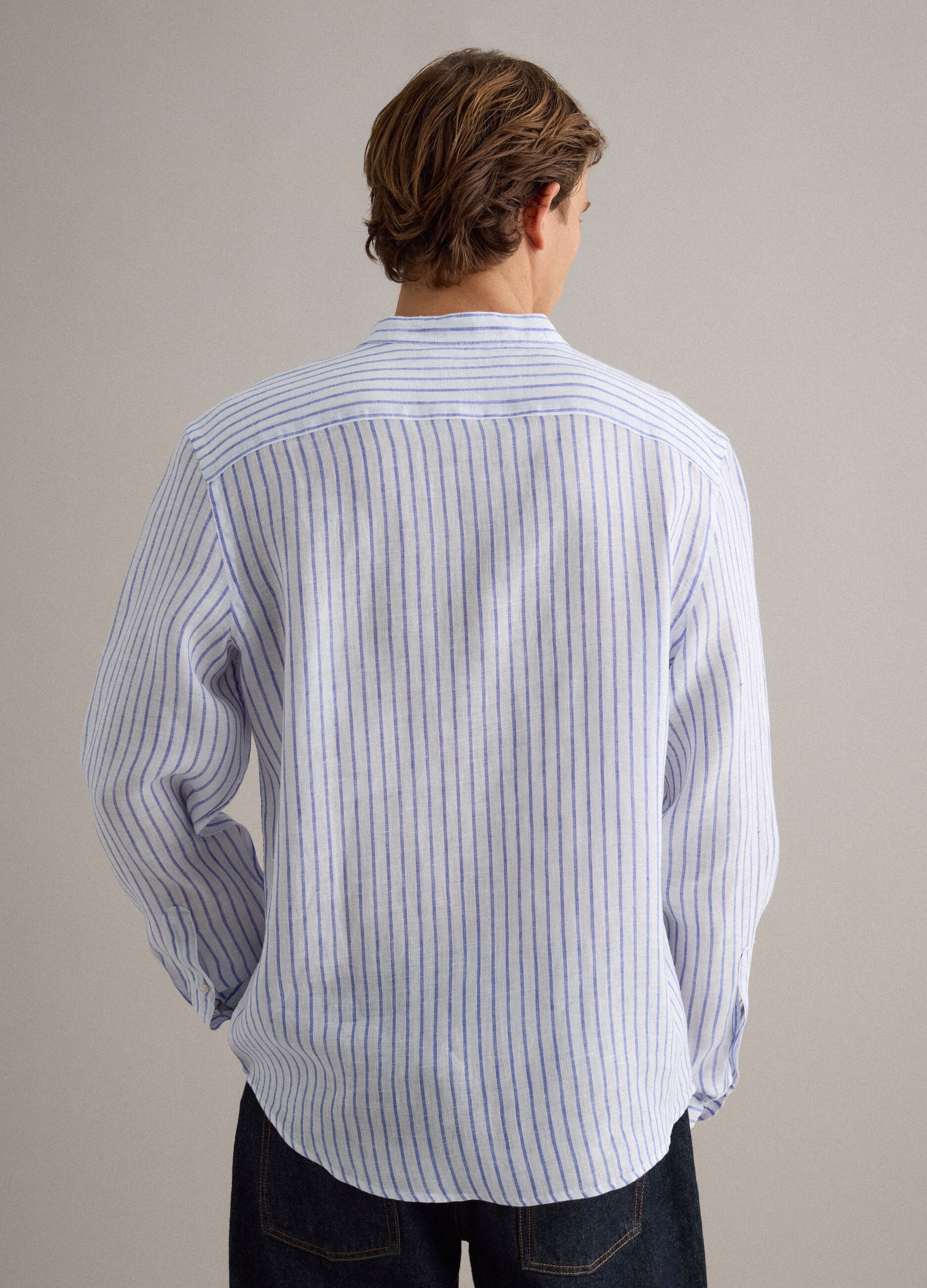 Light blue pure linen striped shirt with mandarin collar, regular fit