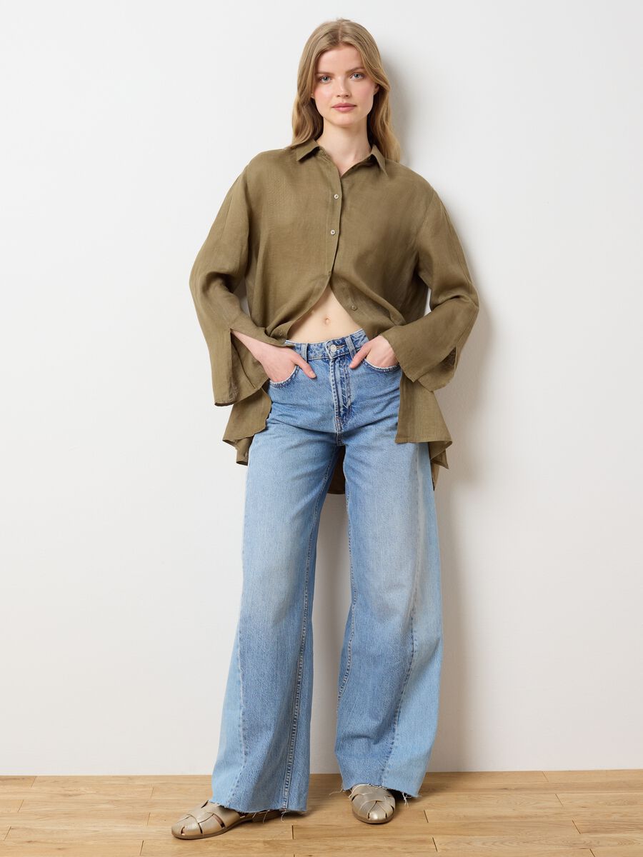Women's long loose-fitting green linen shirt_0
