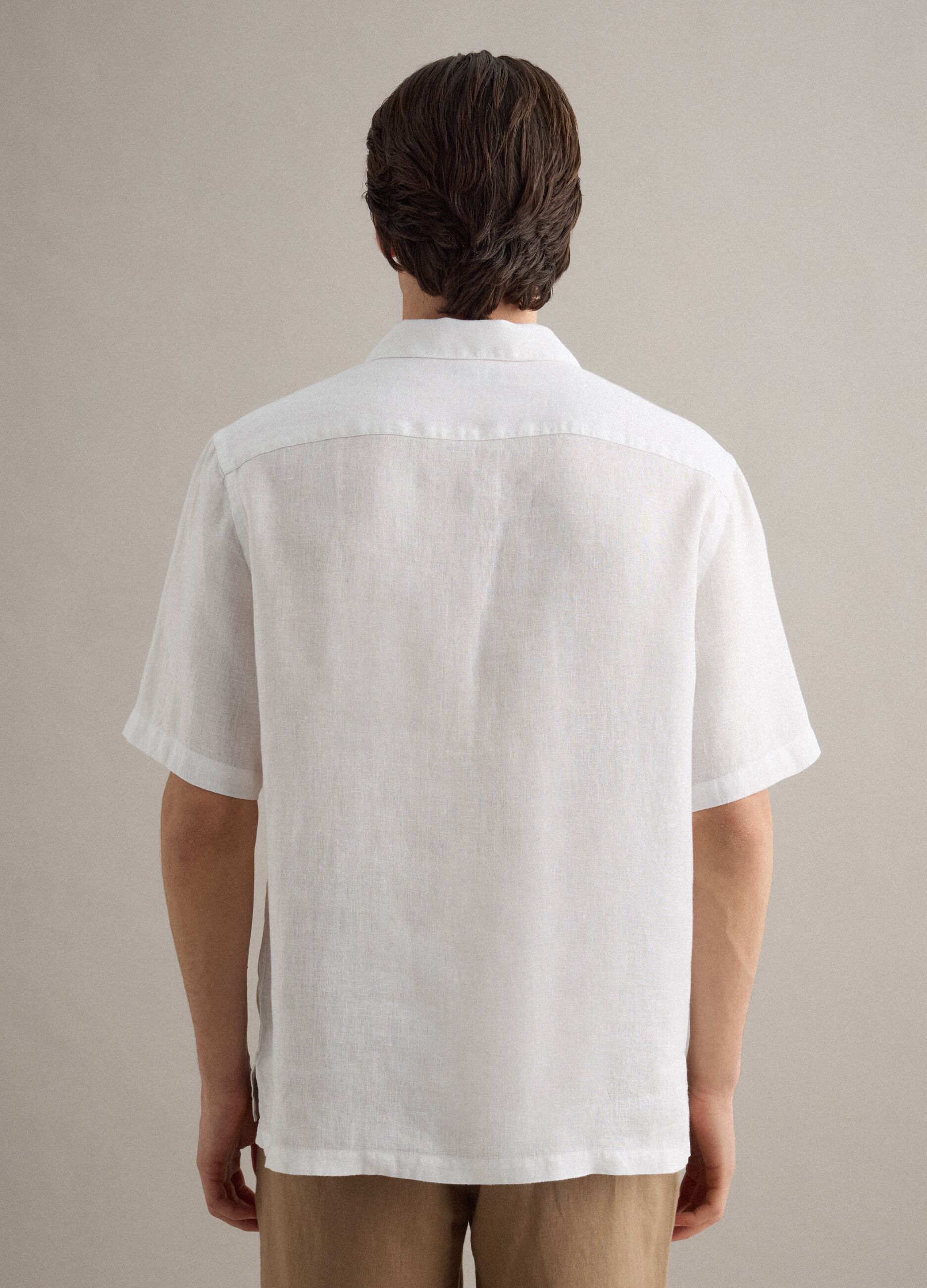 White pure linen regular fit shirt with bowling collar