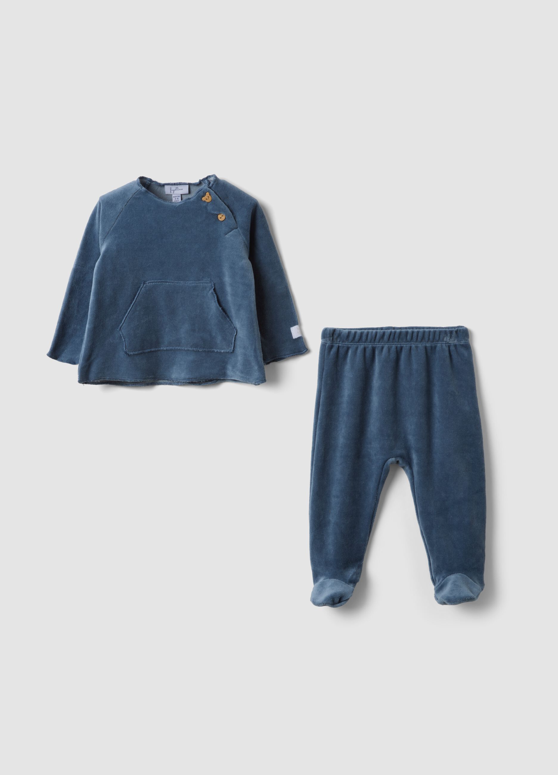 Completo velour blu in misto cotone con bottoni sulla spalla regular fit