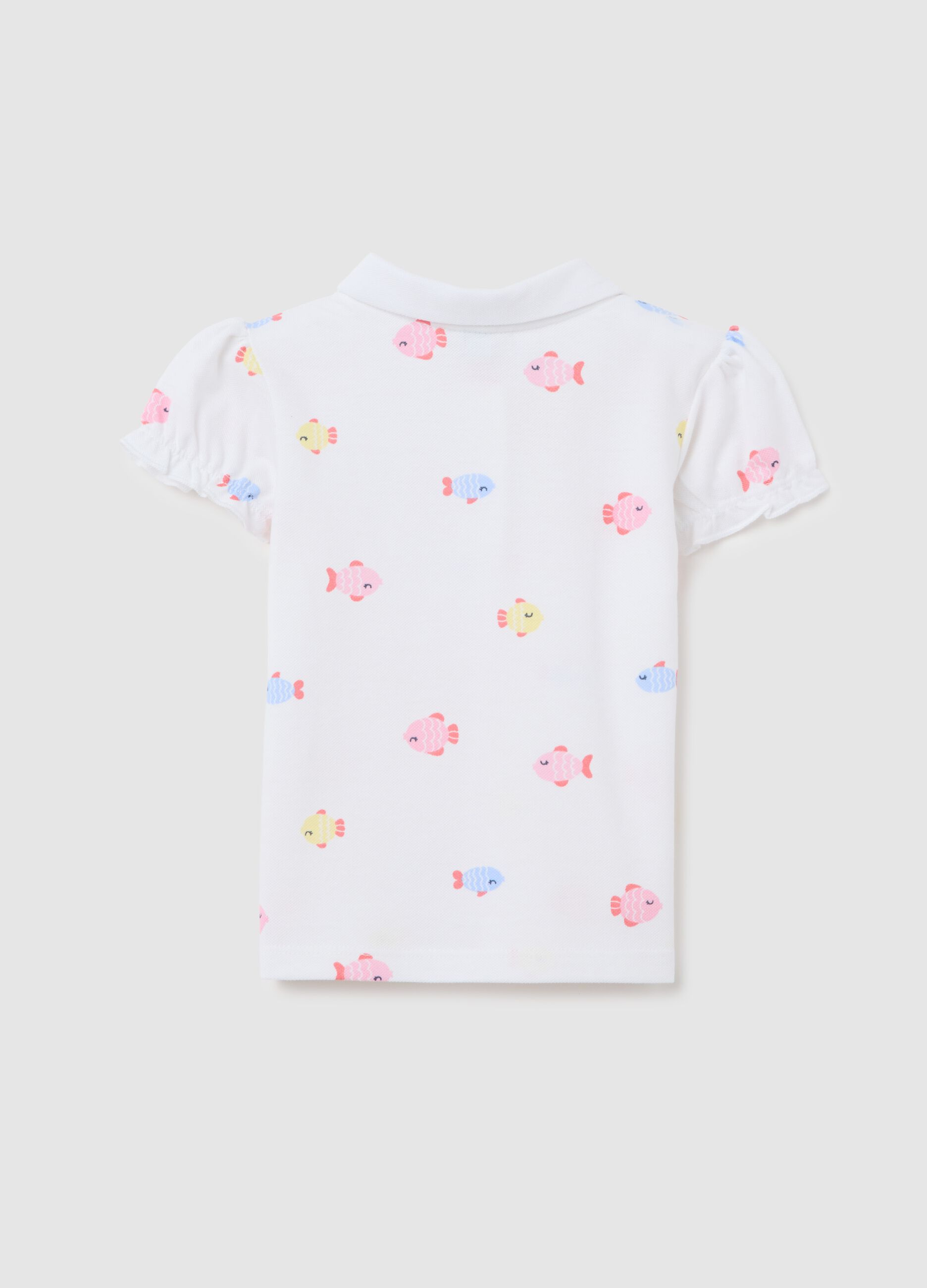 White Polo with Colourful Fish in Cotton