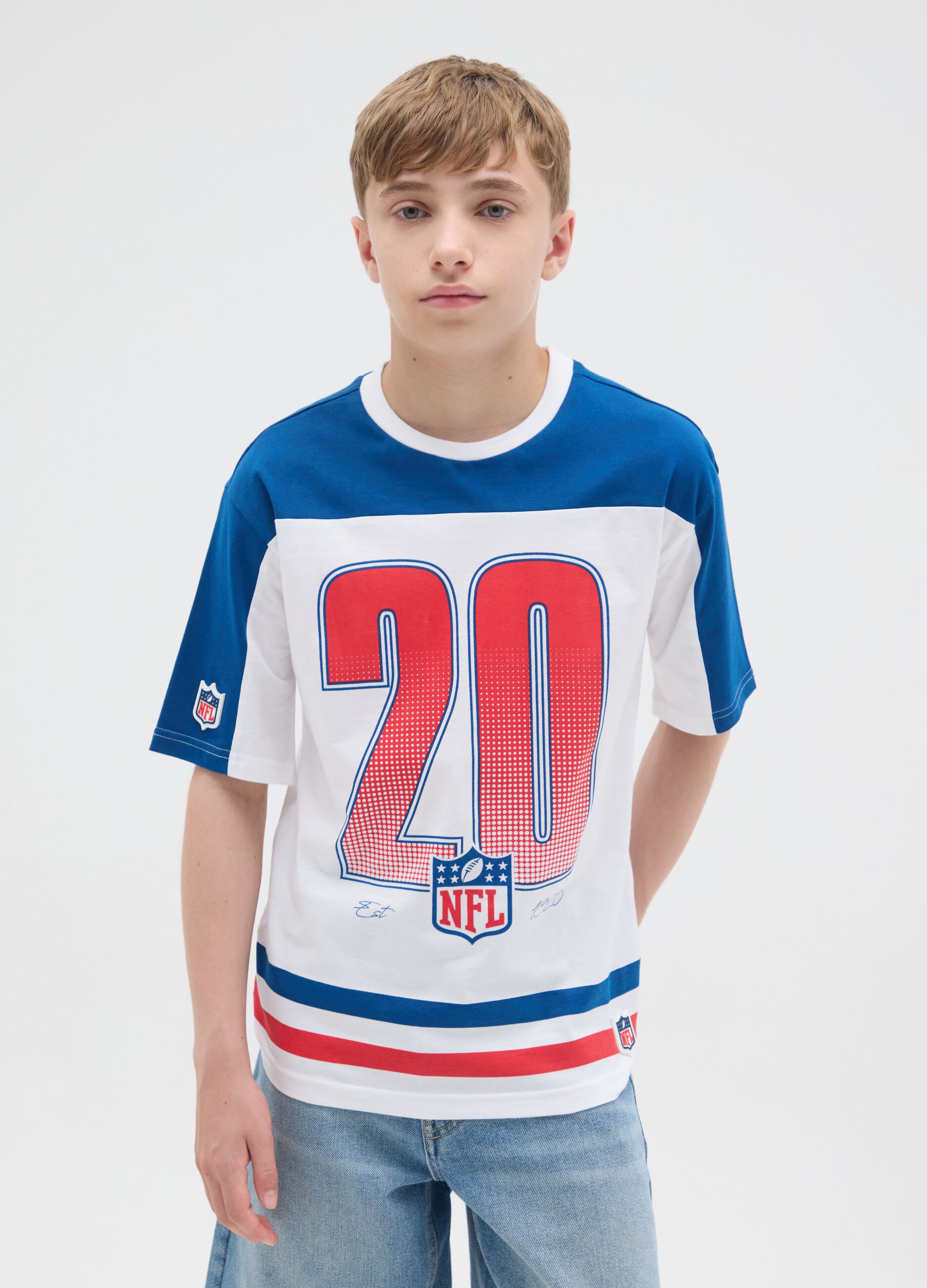 White and blue T-shirt in cotton with NFL print