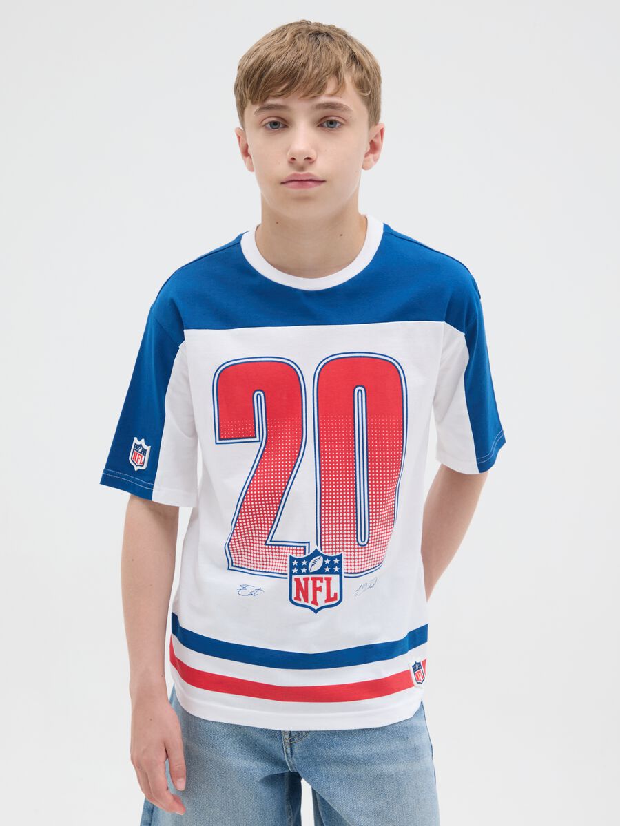 T-shirt bianca e blu in cotone stampa NFL_0