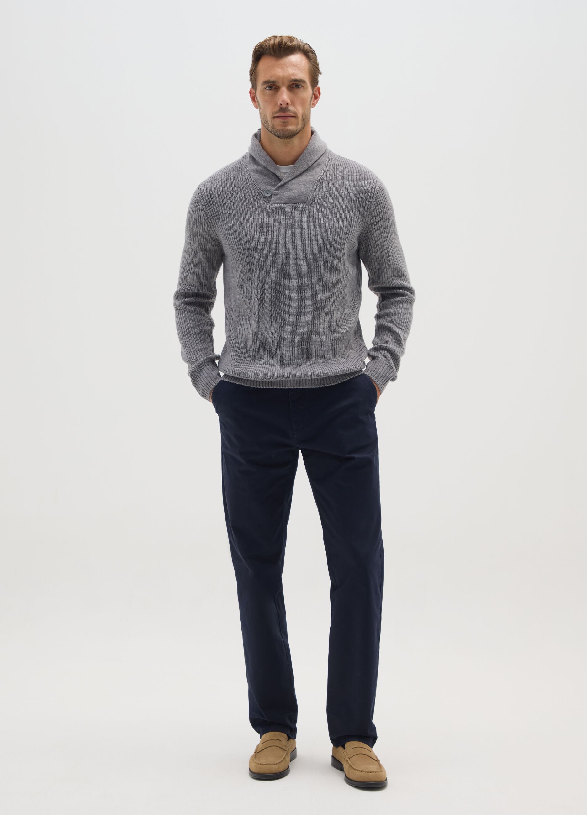Grey Shawl Collar Regular Fit Sweater