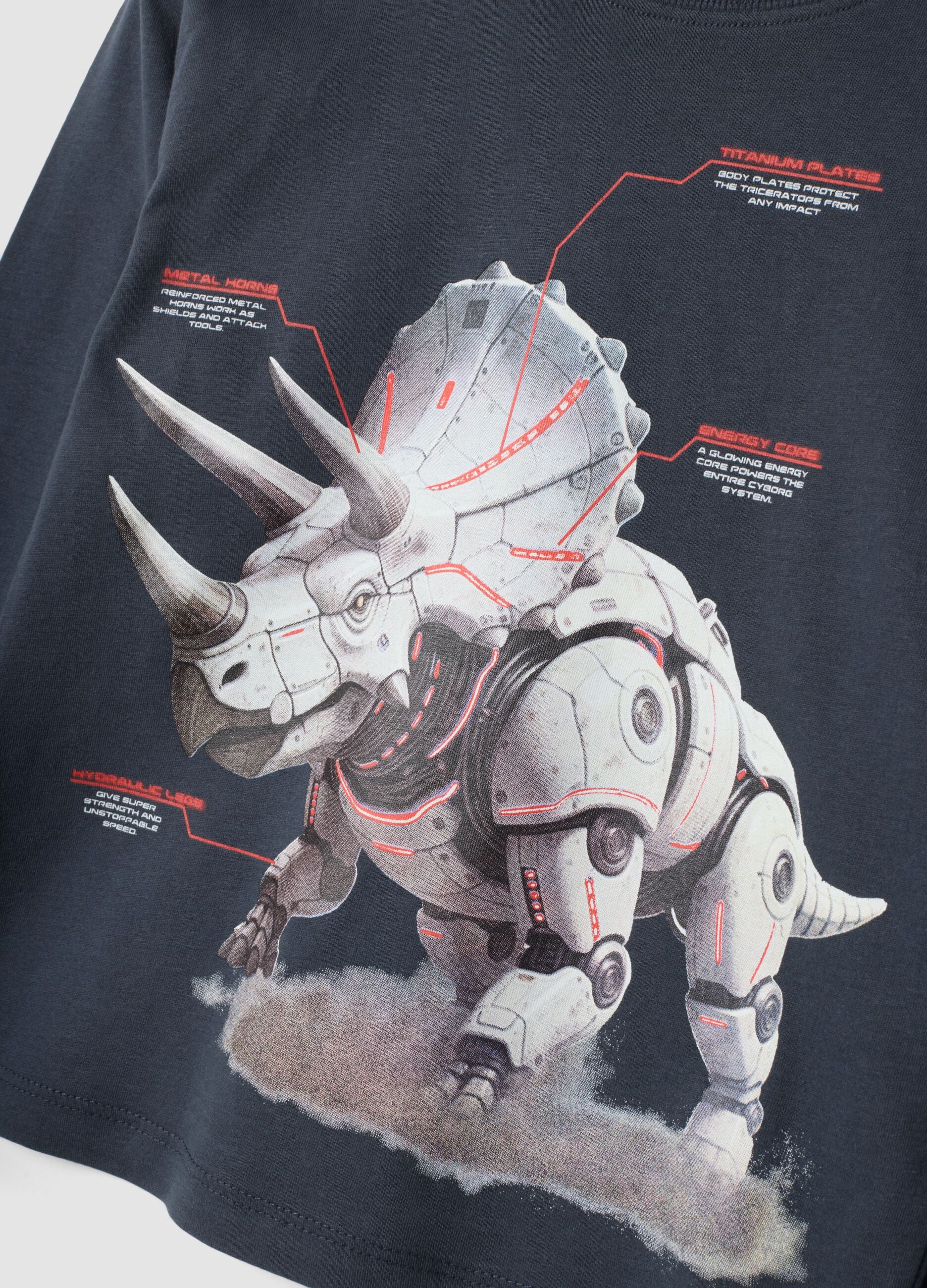 T-shirt grigia girocollo in puro cotone organico con stampa dinosauro