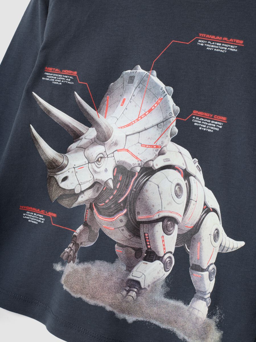 T-shirt grigia girocollo in puro cotone organico con stampa dinosauro_2