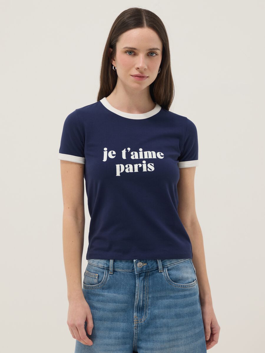 Regular fit blue stretch cotton T-shirt with print_0