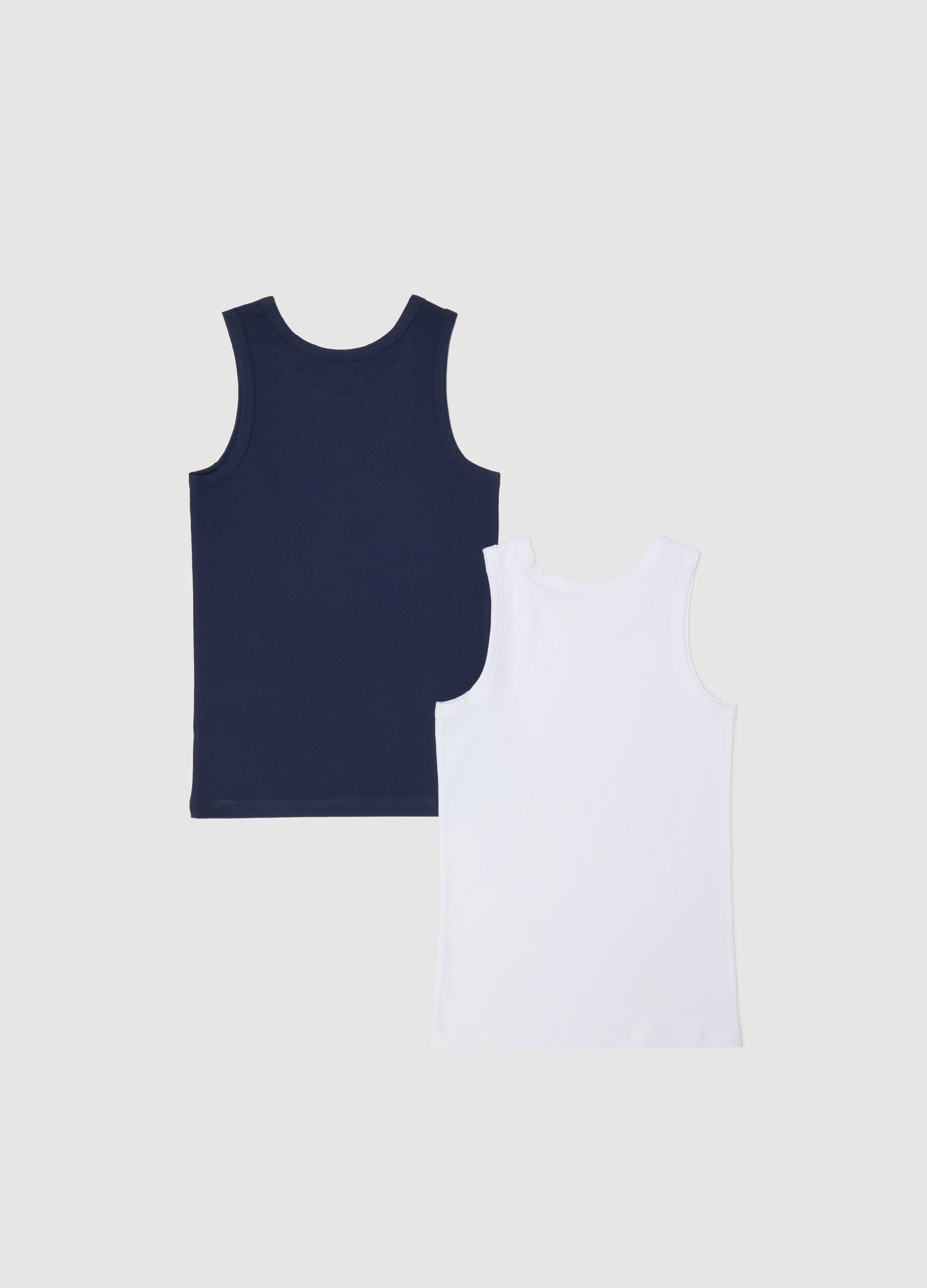 Two-pack blue and white racerback vests in organic cotton