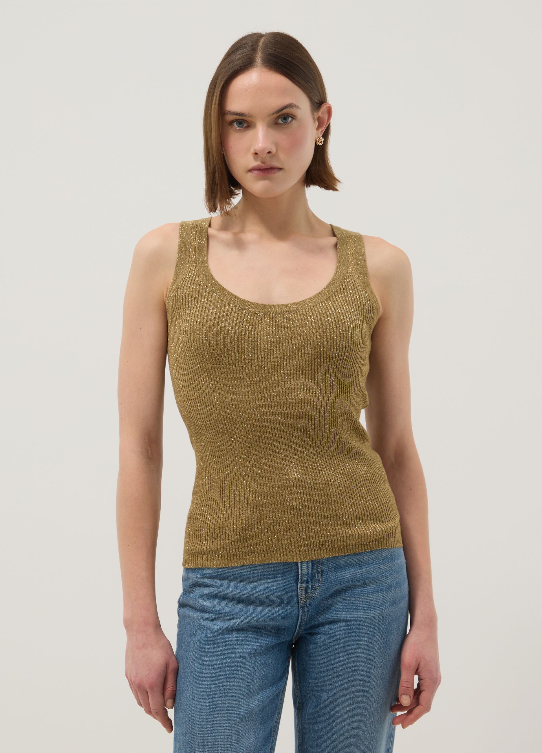Brown viscose blend fitted tank top