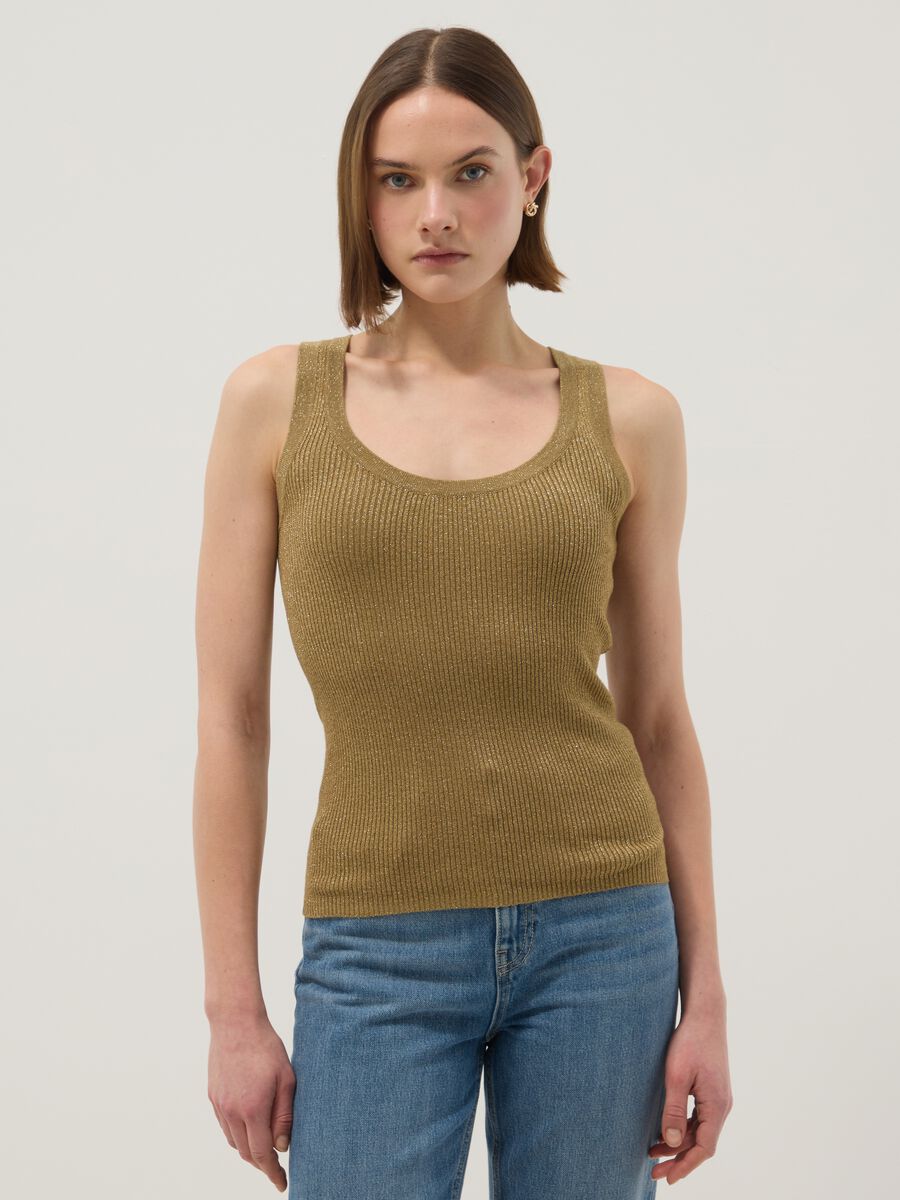 Brown viscose blend fitted tank top_0