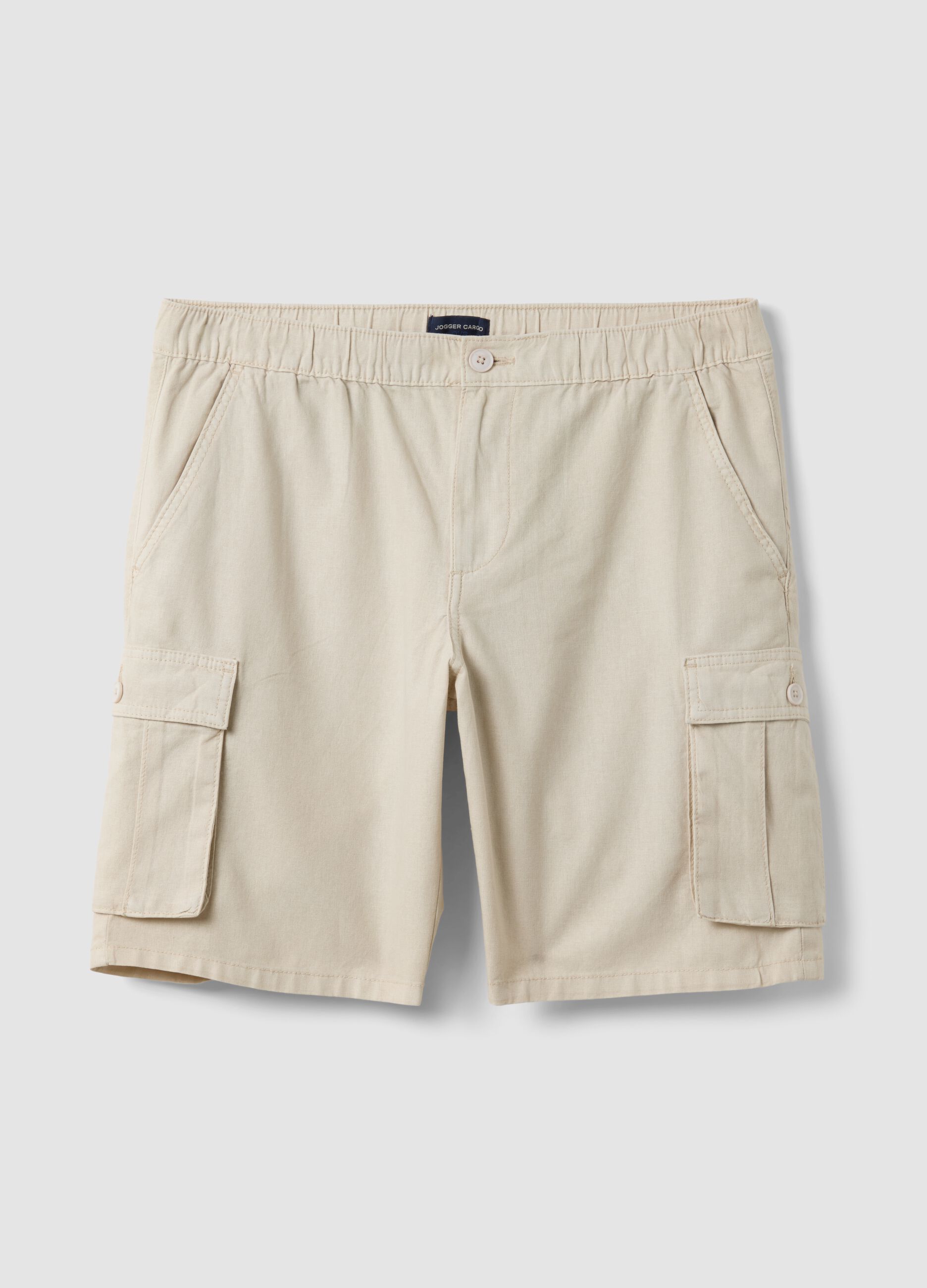 Beige cargo bermuda shorts in a linen and cotton blend