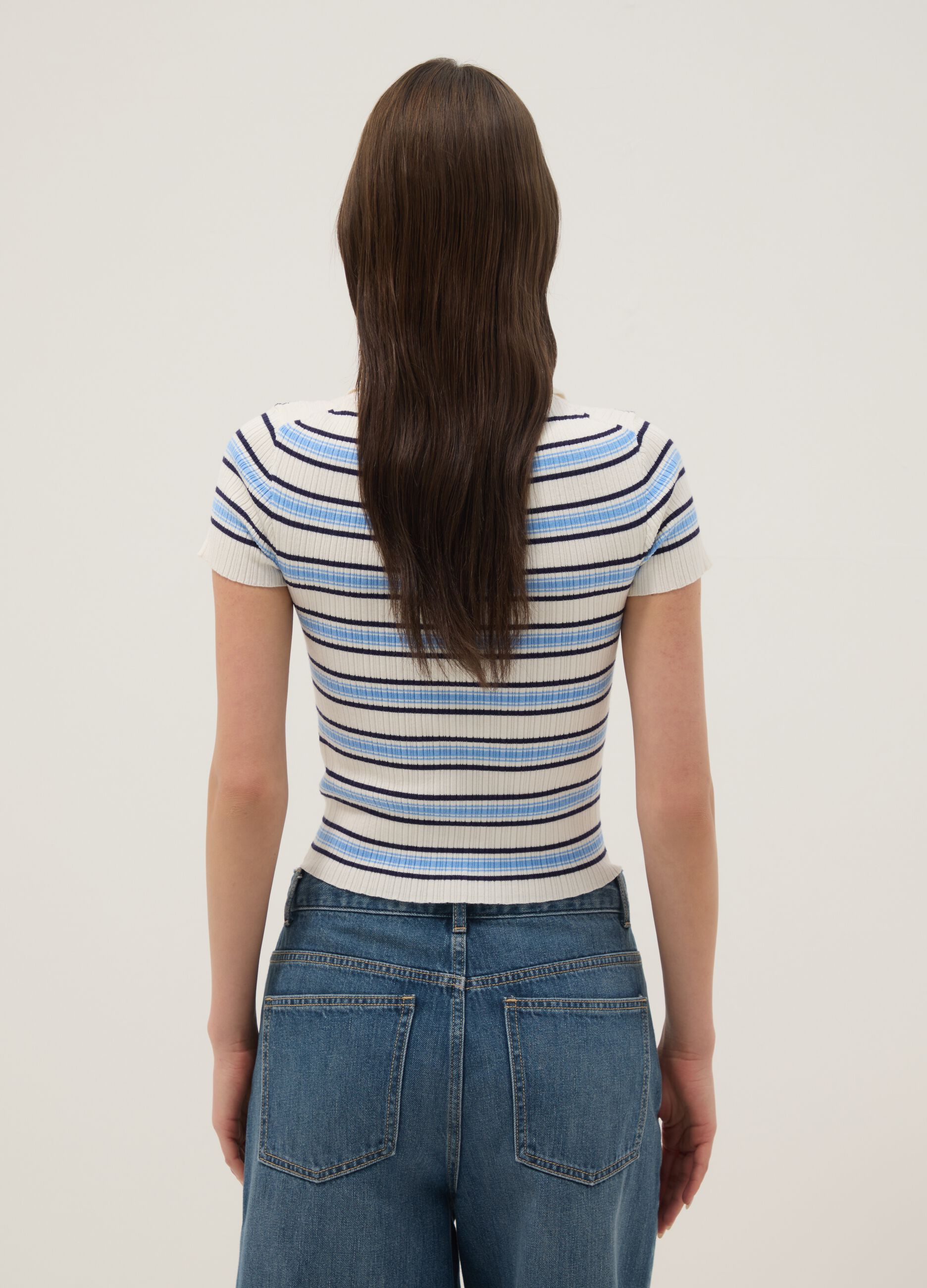 Fitted viscose-blend jumper with multicolour stripes and polo collar