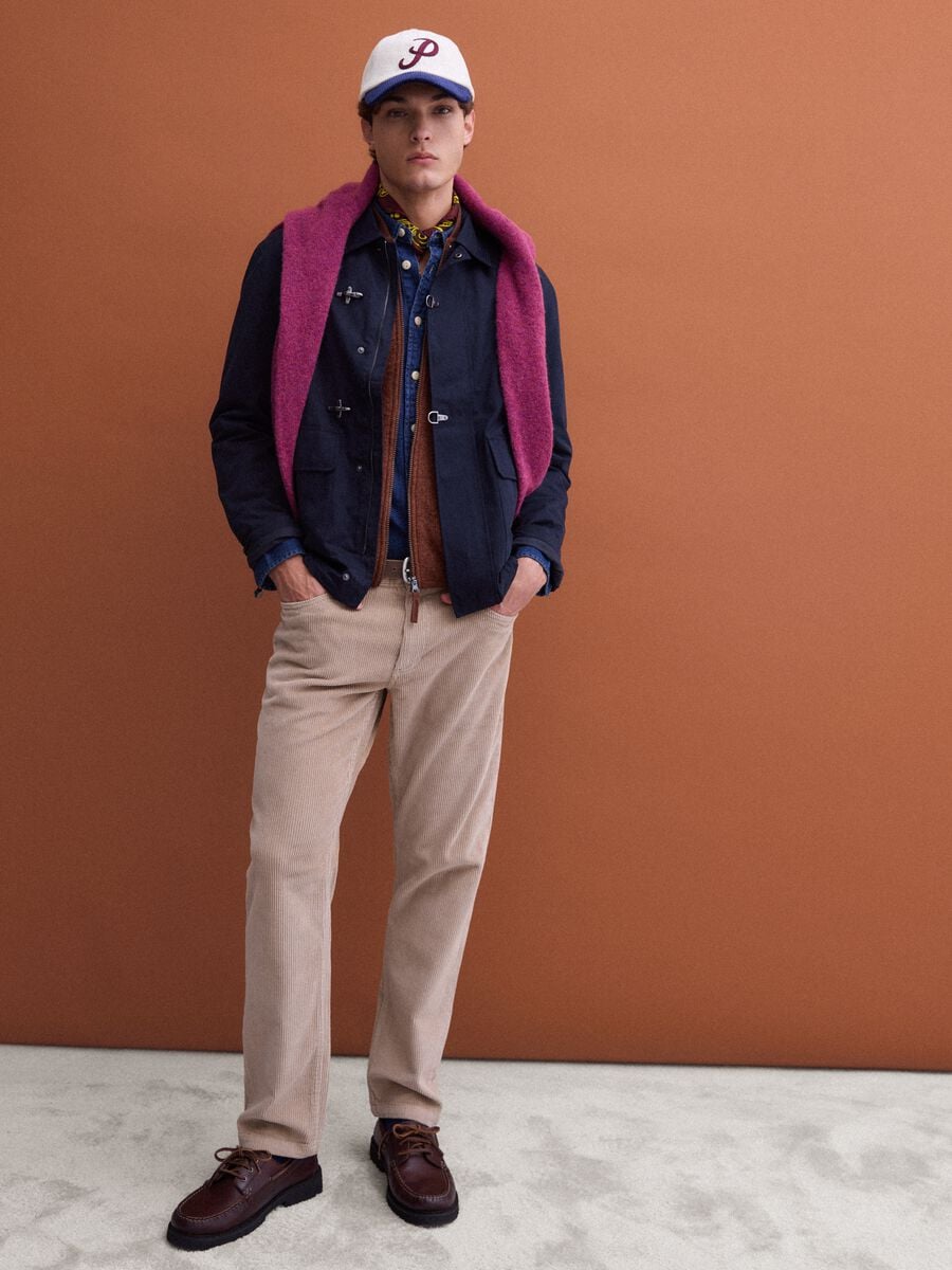 Pantaloni beige in cotone elasticizzato a coste regular fit_0