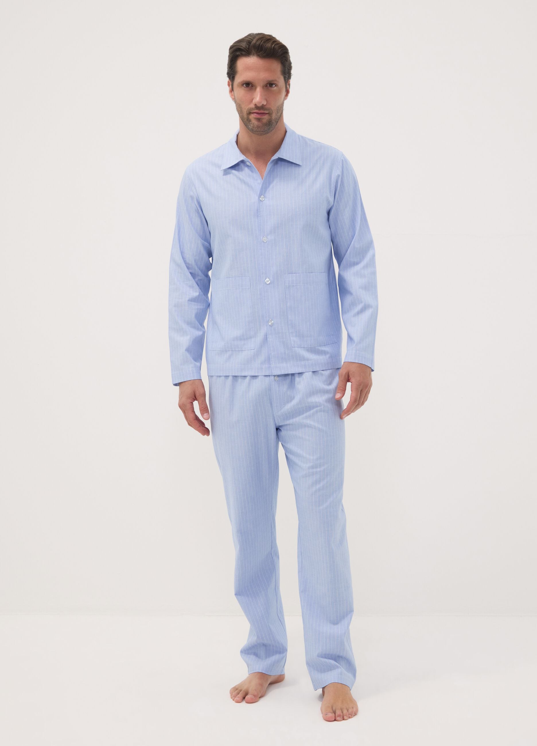 Blue striped pyjamas in pure organic cotton with collar