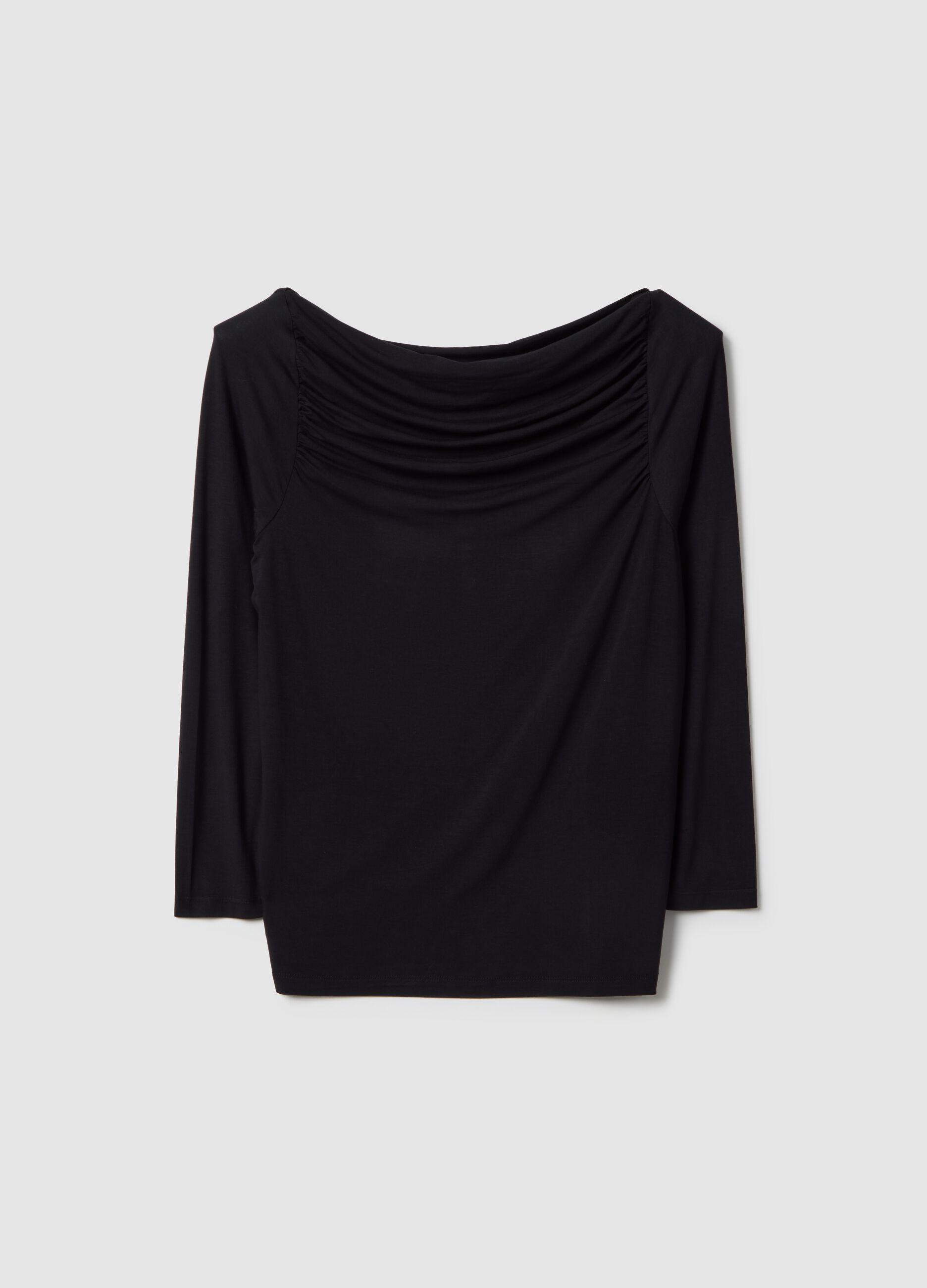 Black stretch viscose long sleeve top with boat neckline and regular fit