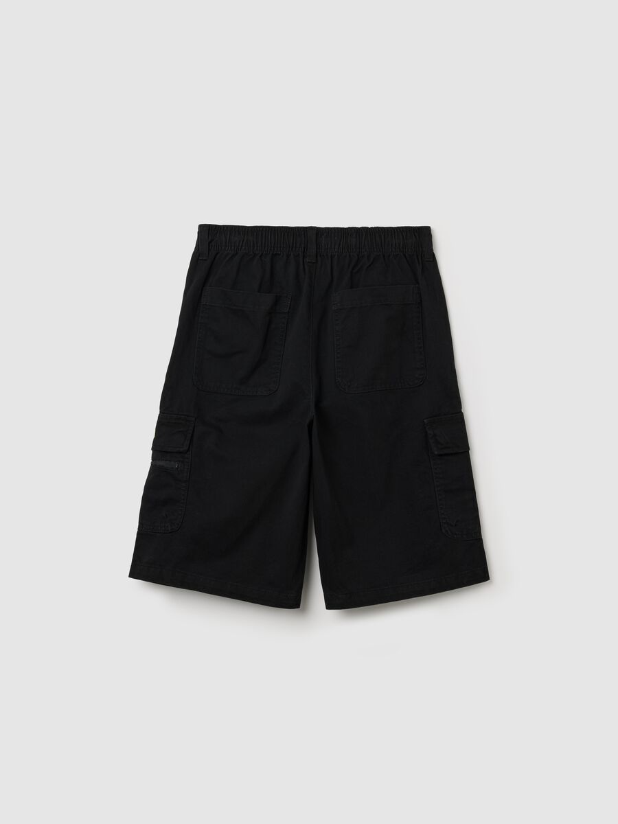 Black cotton denim cargo shorts_1