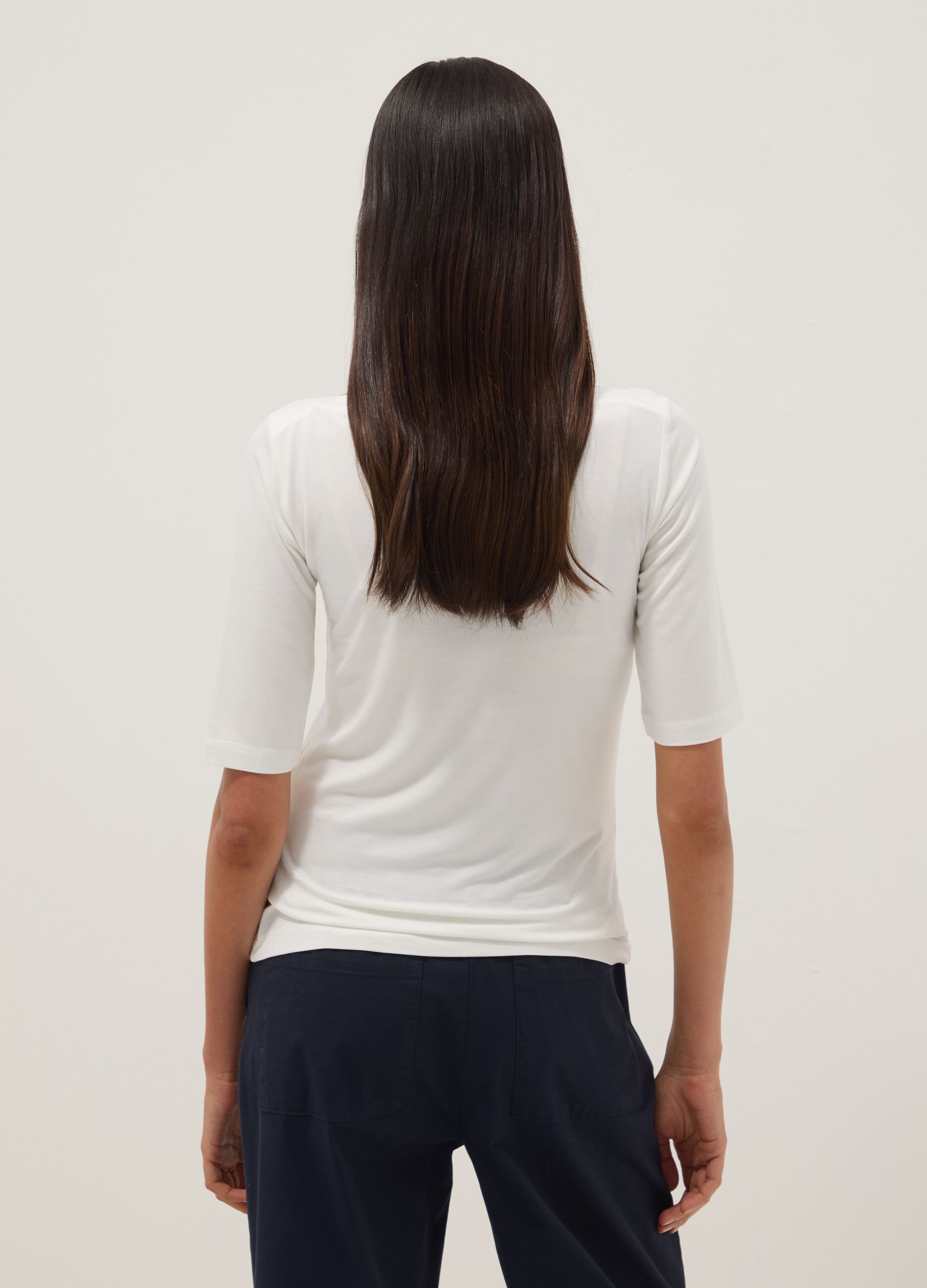 White stretch viscose regular fit boat neck t-shirt