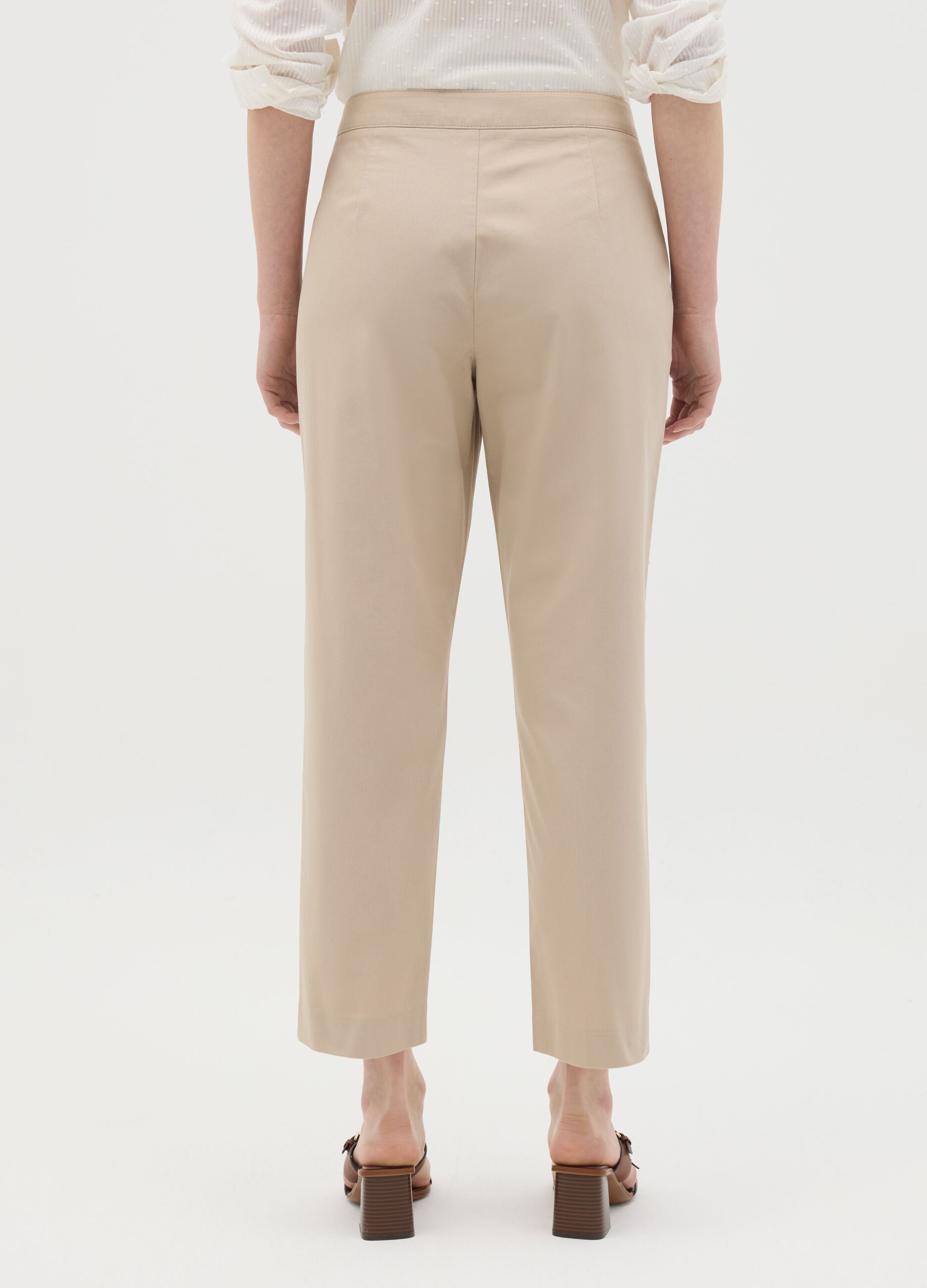 Women's beige regular fit pure cotton trousers with high waist
