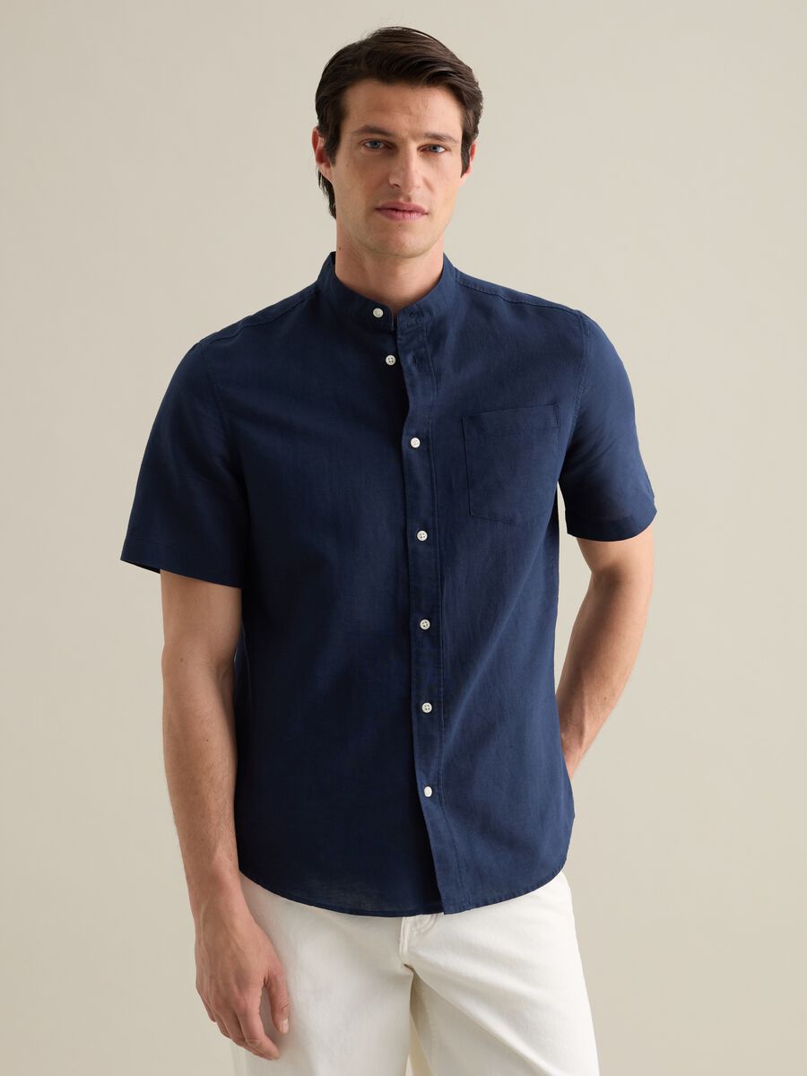 Blue Korean shirt in linen and cotton_0