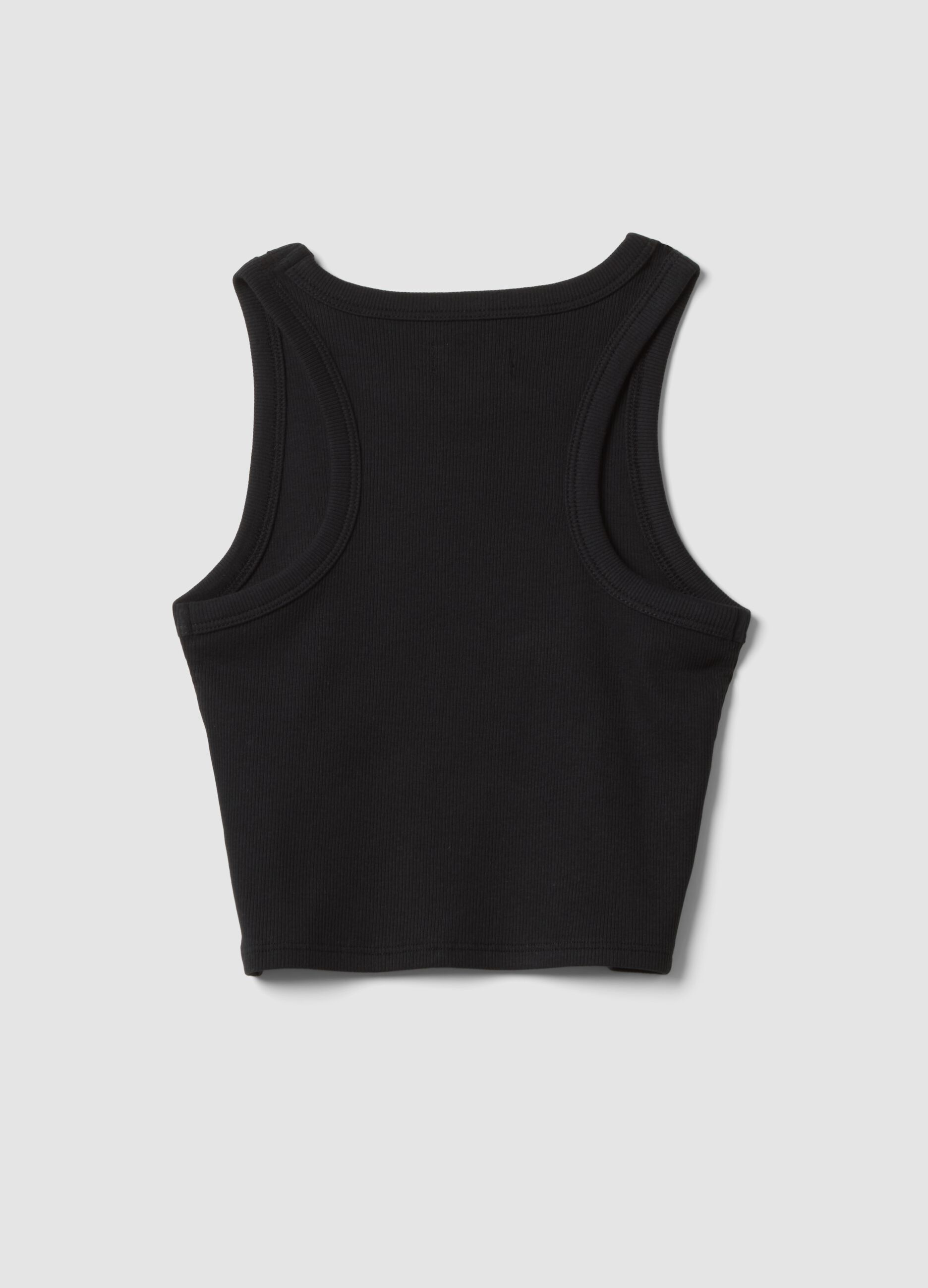 Canotta fitted nera in cotone elasticizzato a coste da ragazza