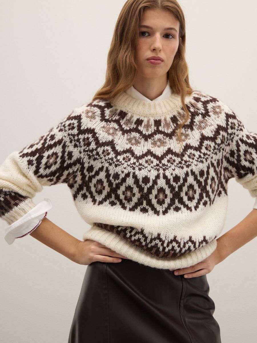 Beige pullover with multicolour jacquard patterns regular fit_4